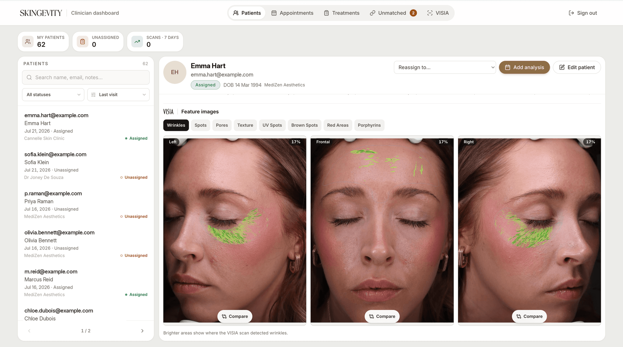 Skingevity Dashboard, Clinician Portal for VISIA Skin Analysis