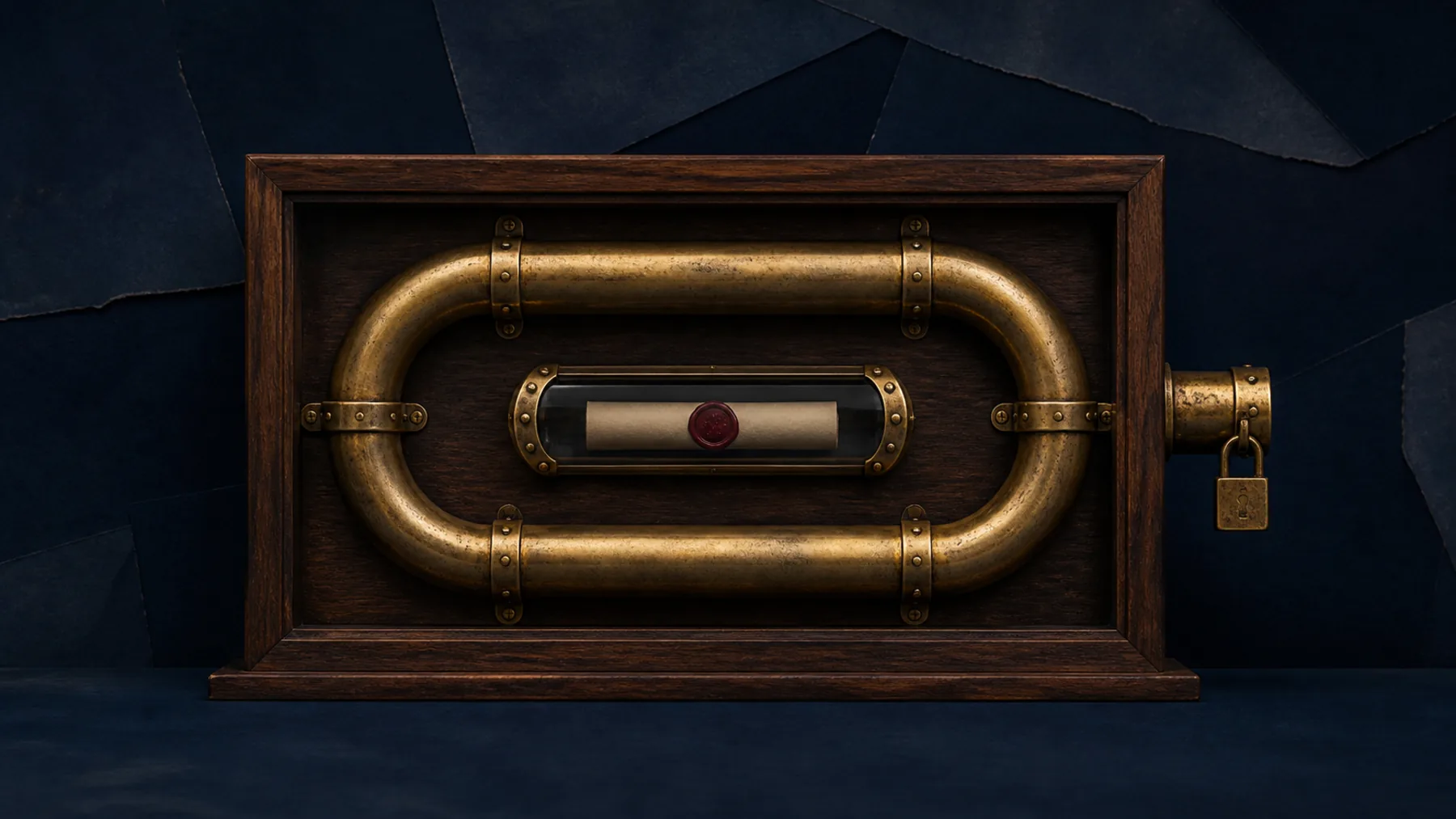 A closed-loop antique brass pneumatic dispatch tube inside a walnut frame, with one sealed paper capsule visible through glass and the only outward branch padlocked.