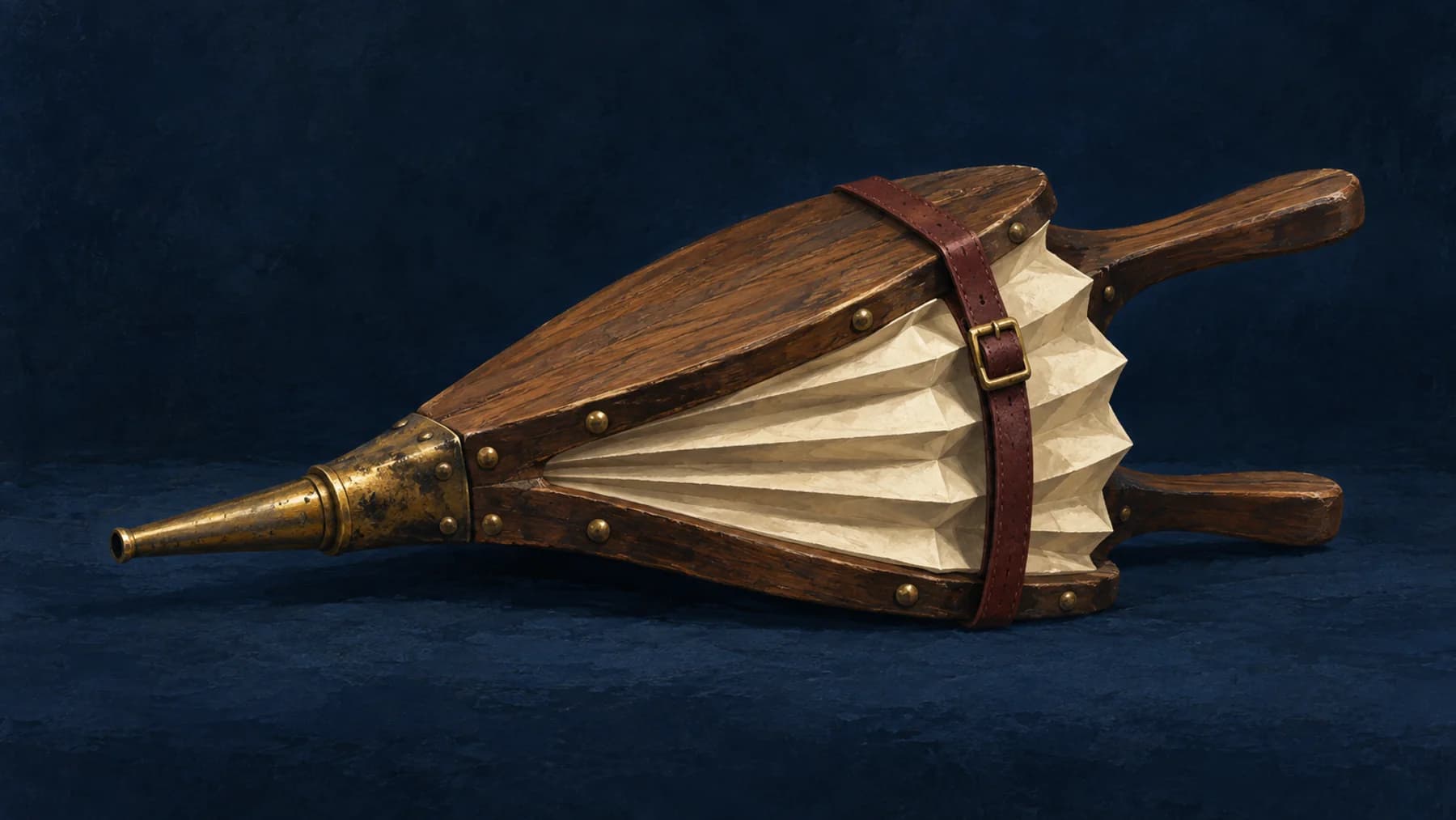 Cream-paper bellows with walnut cheeks and an aged-brass nozzle held partly open by a taut oxblood strap against midnight blue.
