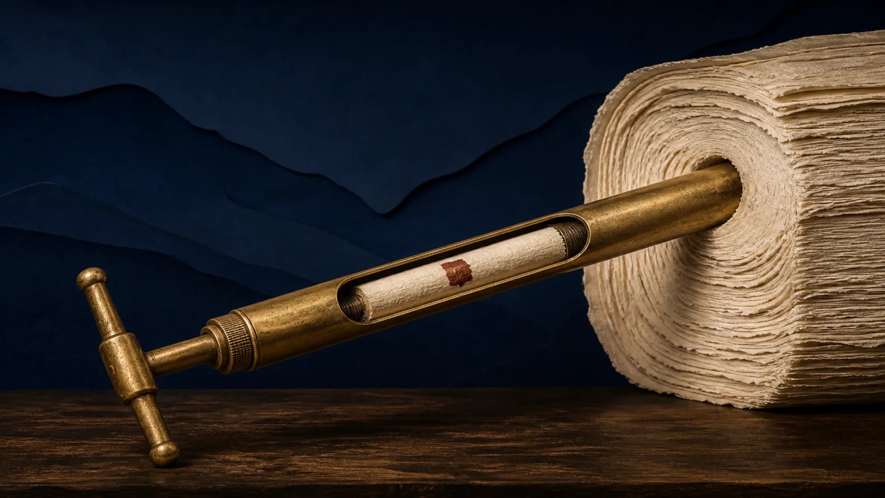 An aged-brass sampling trier extracts a narrow cream paper core with one oxblood flaw from a much larger layered paper bale.