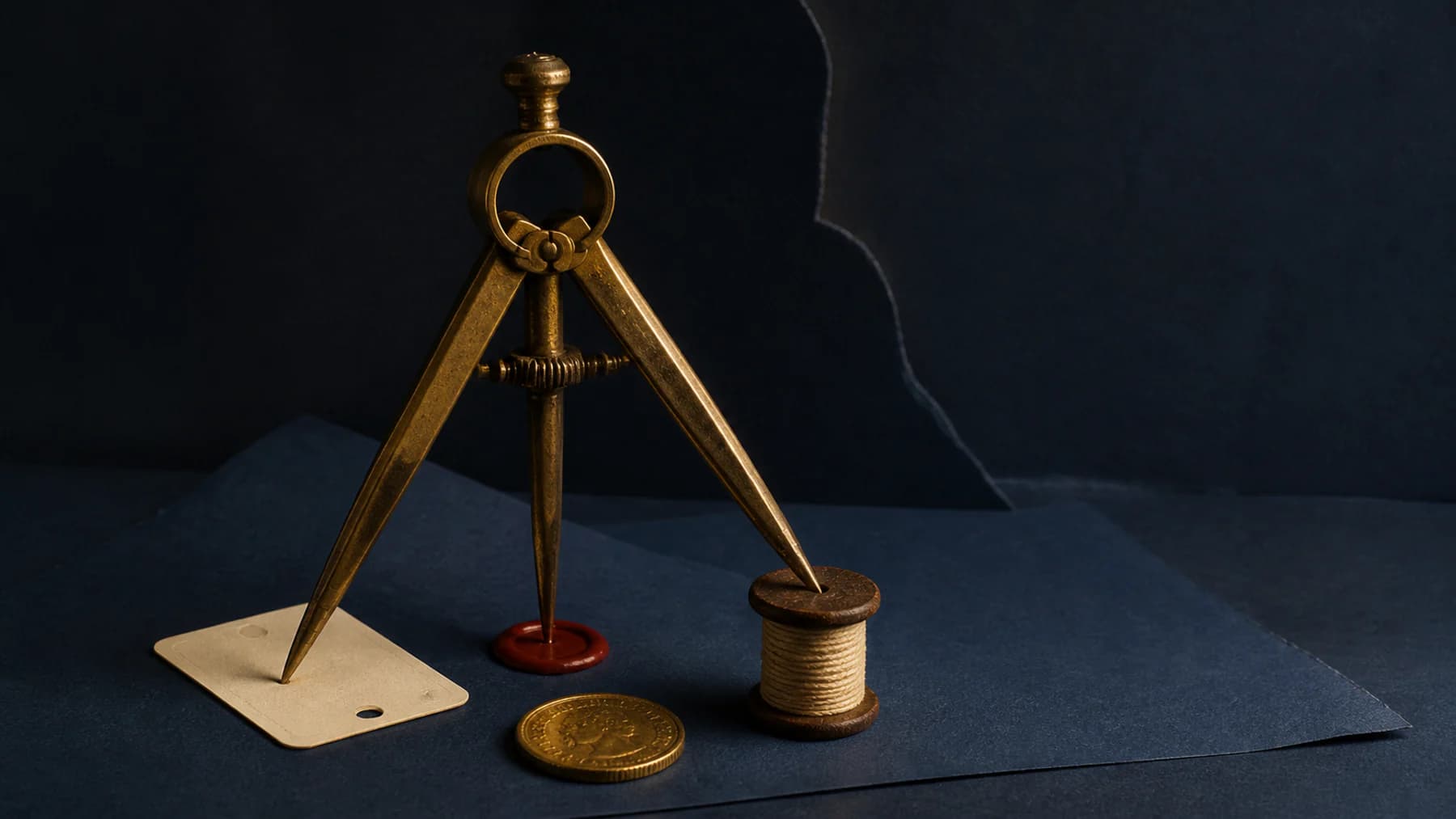 A three-footed brass surveyor compass triangulates one wax point from a blank work card, a coin and a spool of clock thread.