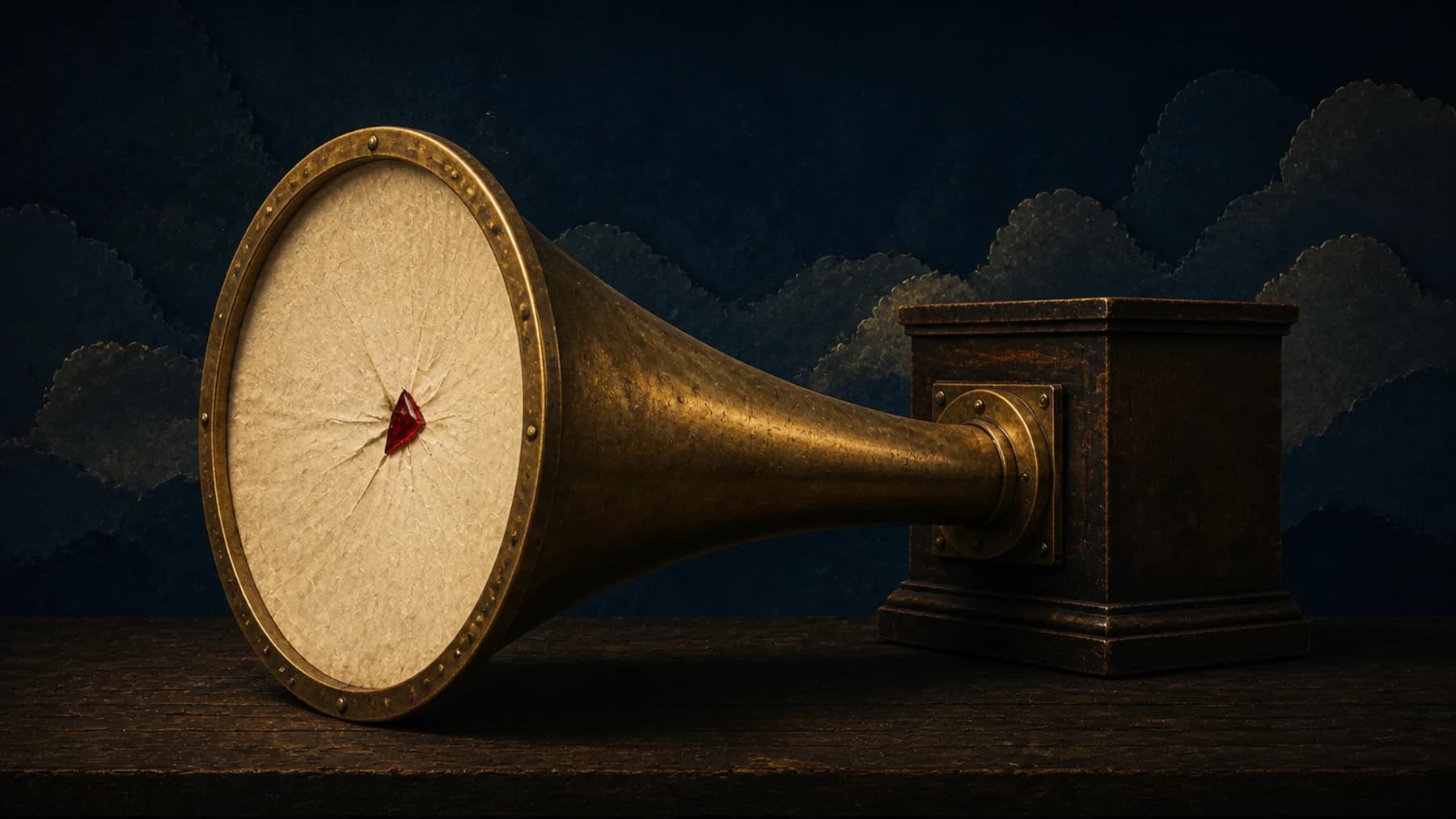 An antique brass intake horn with a paper diaphragm stopping a jagged red shard before it enters a wooden machine.