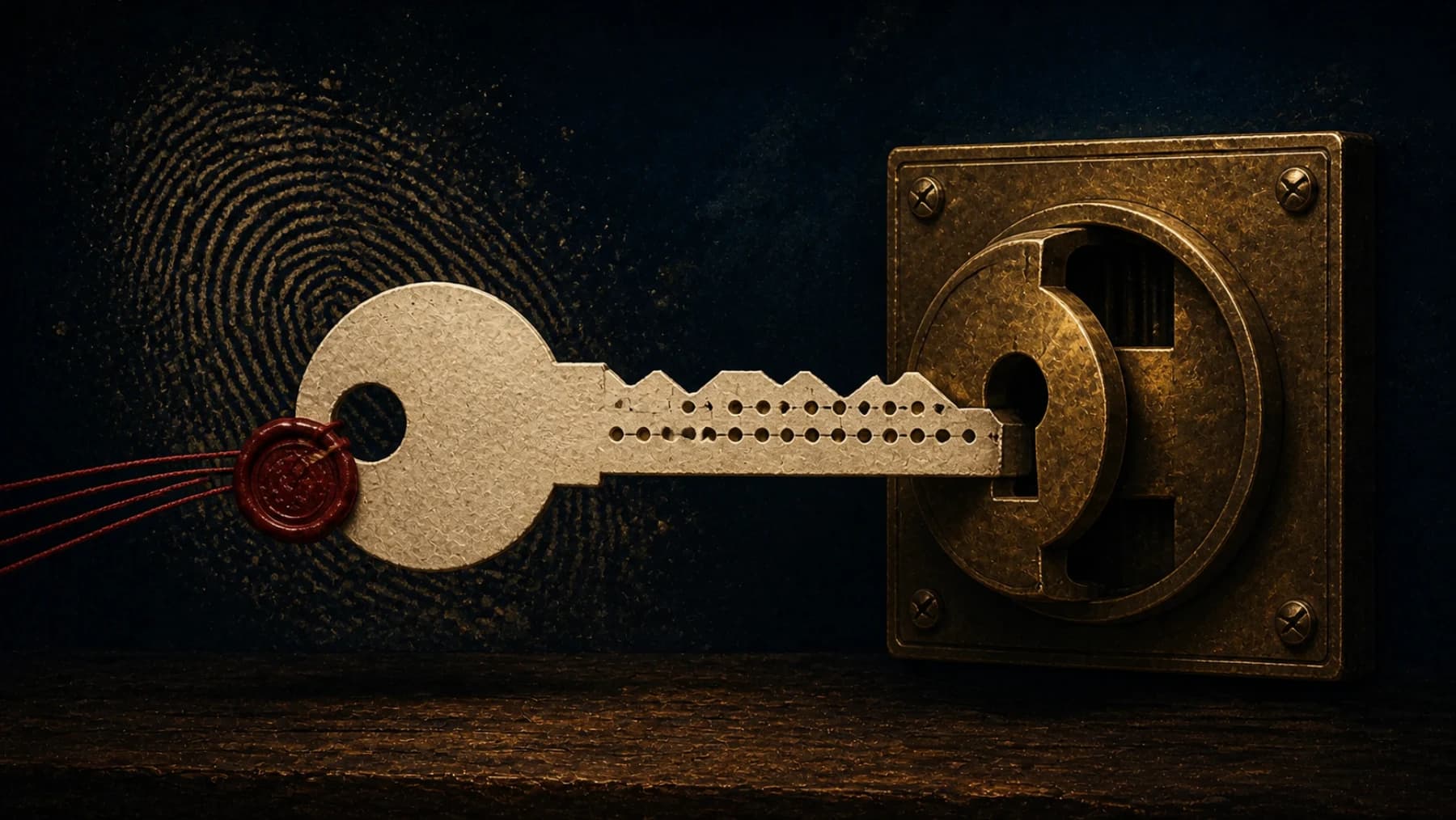 A unique punched-paper key derived from a fingerprint enters an aged-brass lock, representing a patient-specific mRNA cancer therapy.