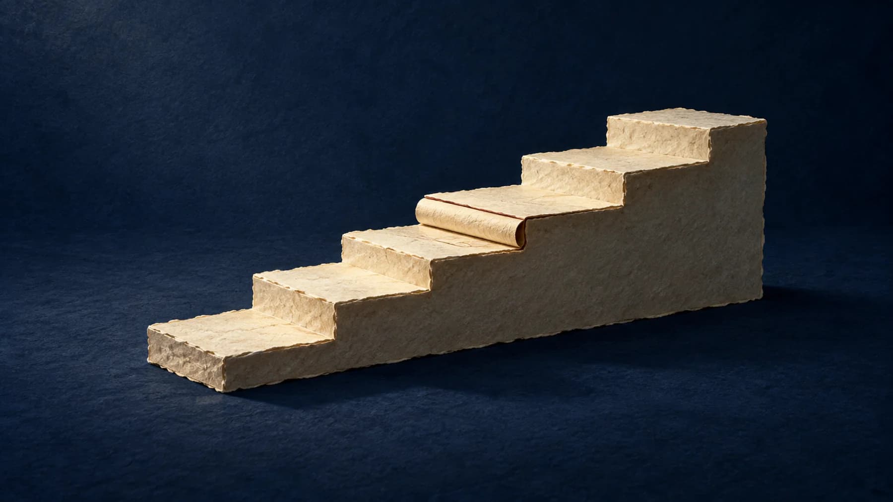 A low staircase of warm-cream handmade paper has a doubled central tread with a thin oxblood edge, resting on midnight-blue linen.