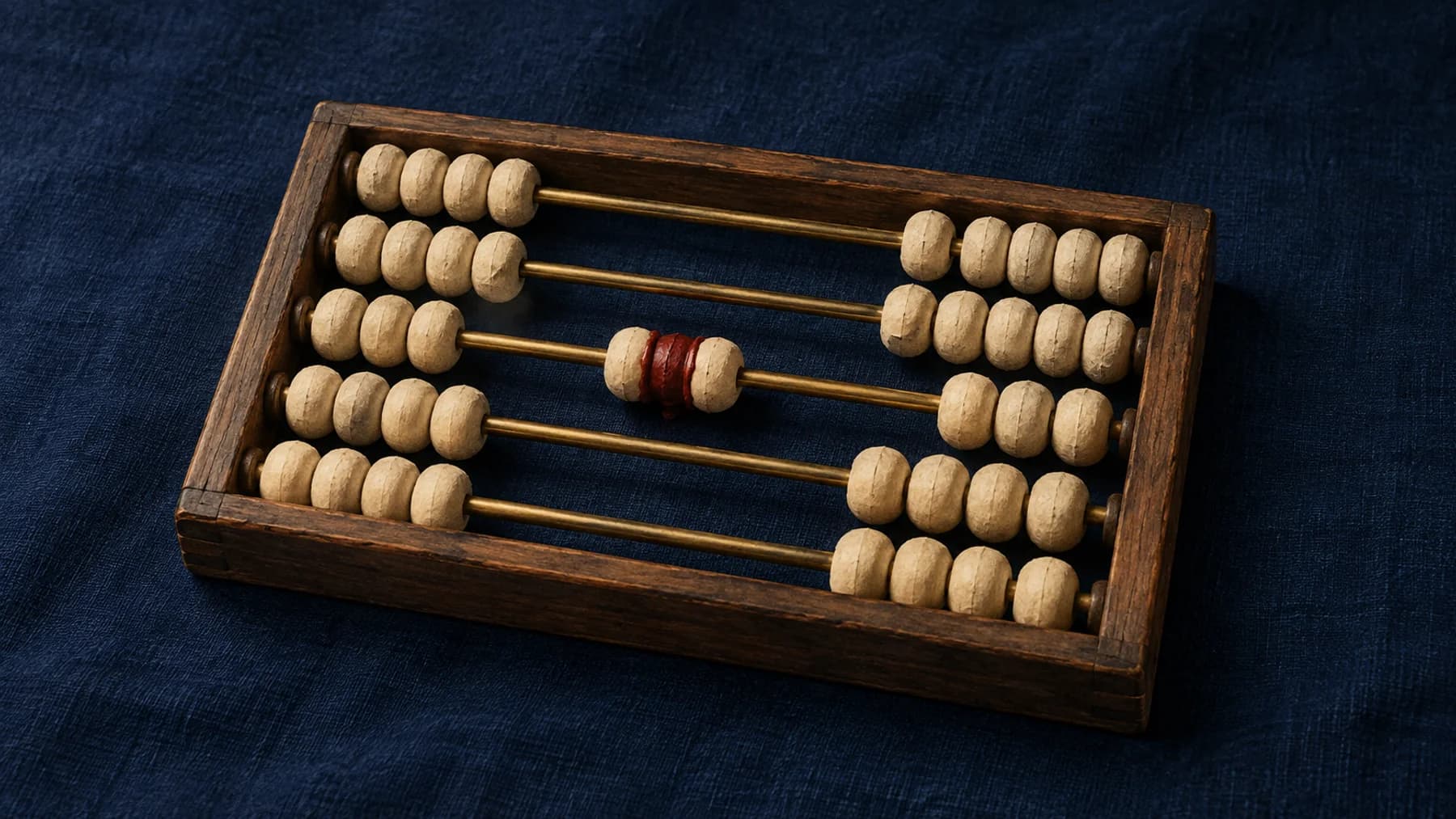 A walnut abacus with cream-paper beads and aged-brass rods rests on midnight-blue linen, with one central bead cluster fused by oxblood wax.