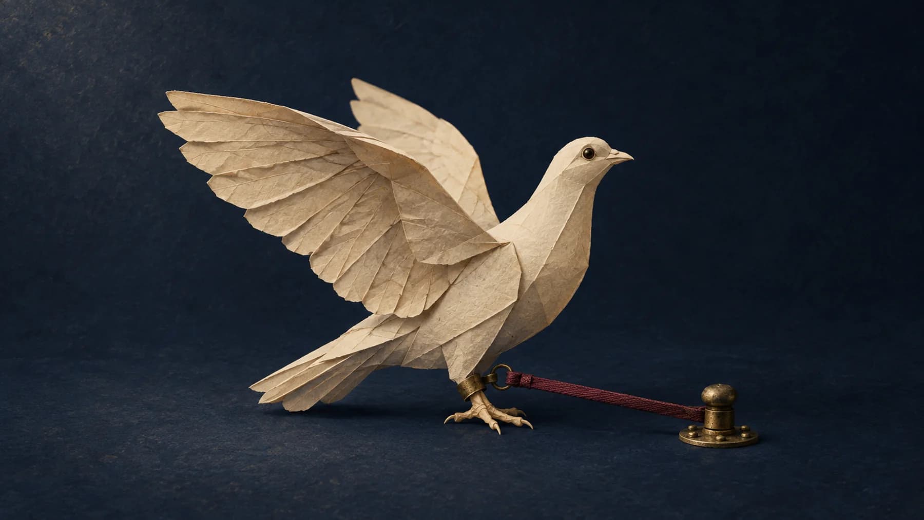 A cream-paper carrier pigeon with half-open wings is held by a short oxblood fabric tether attached to an aged-brass ankle cuff and stud.