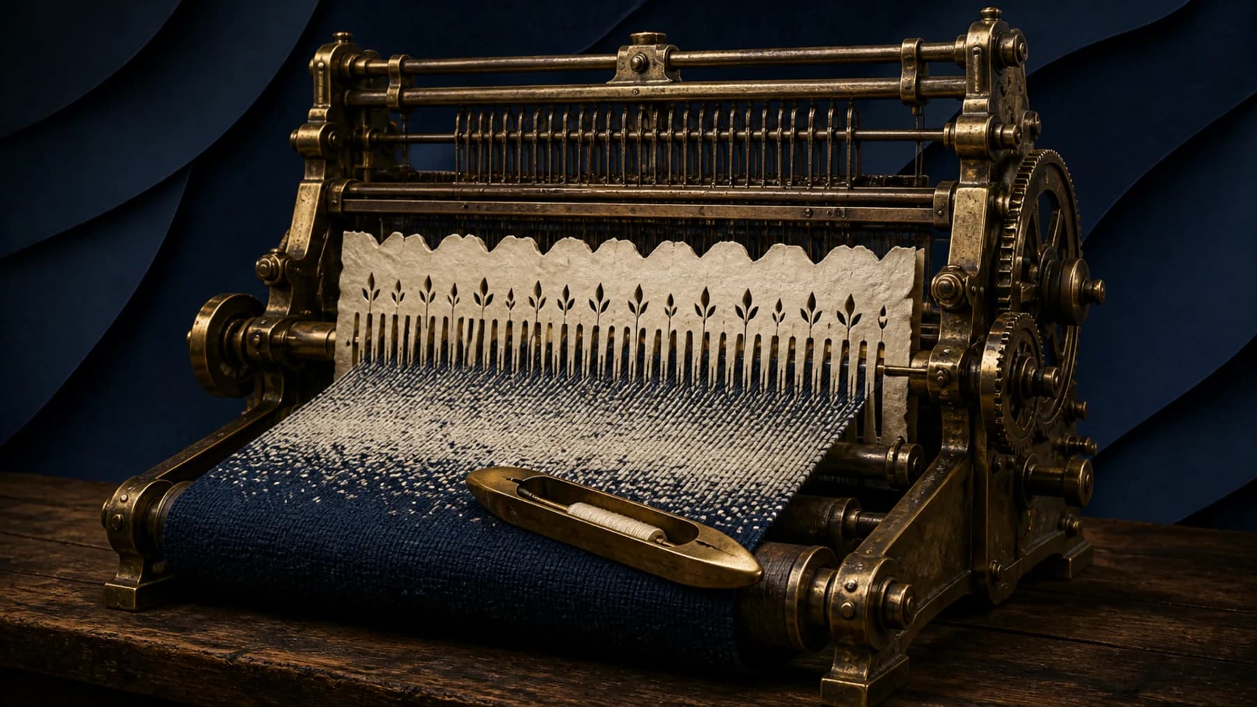 A monumental aged-brass loom pulls midnight fabric through an ivory paper memory comb, representing AI cloud growth constrained by memory capacity.