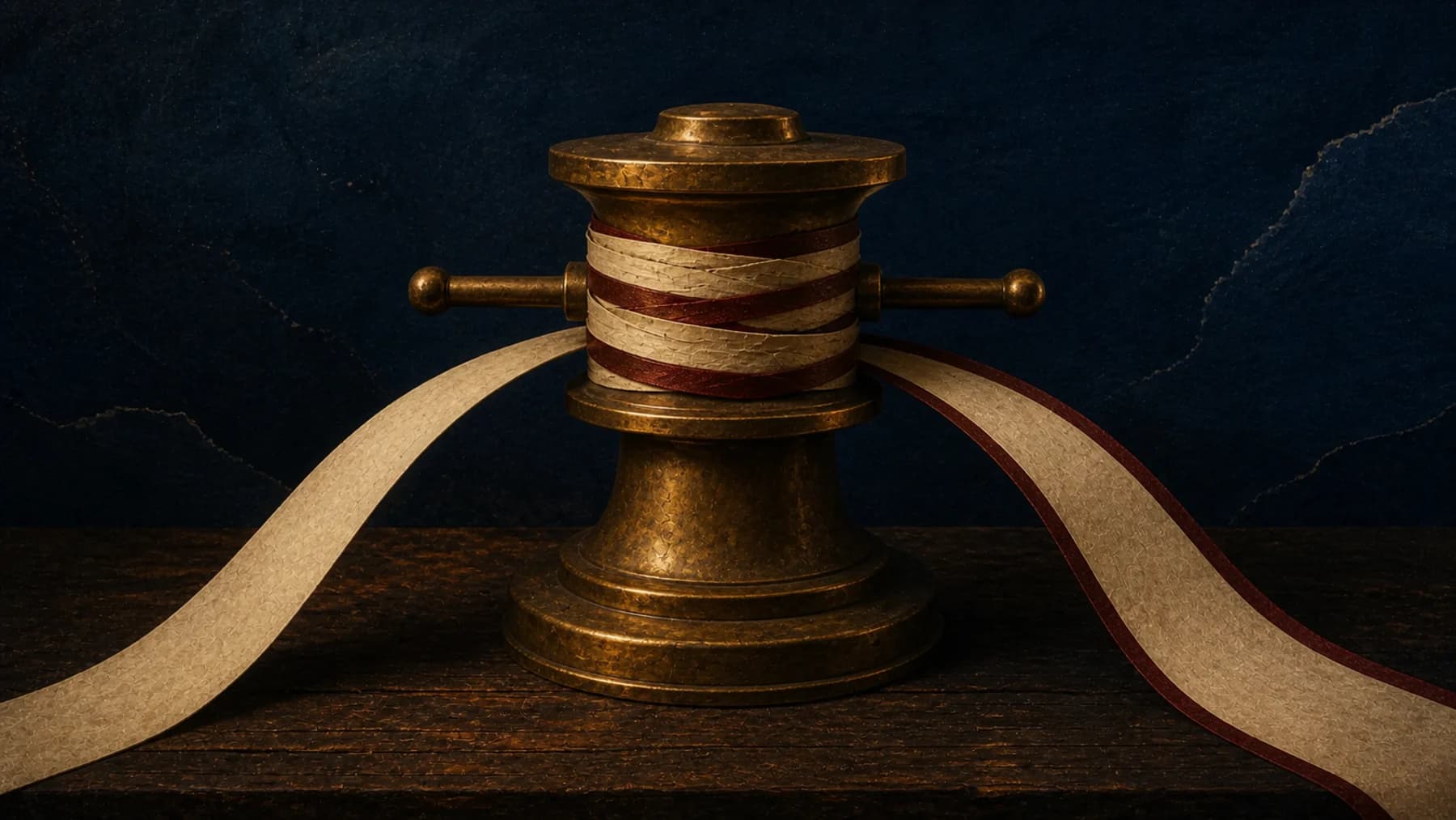 A monumental aged-brass capstan winds blank cream equity paper and oxblood-edged bond paper into one load-bearing cable.