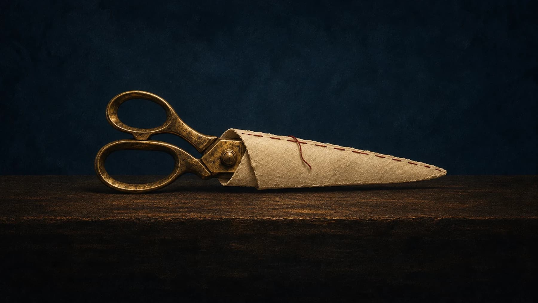 Aged-brass tailor’s shears rest inside an unfinished cream-paper sheath with a loose oxblood thread against midnight blue.