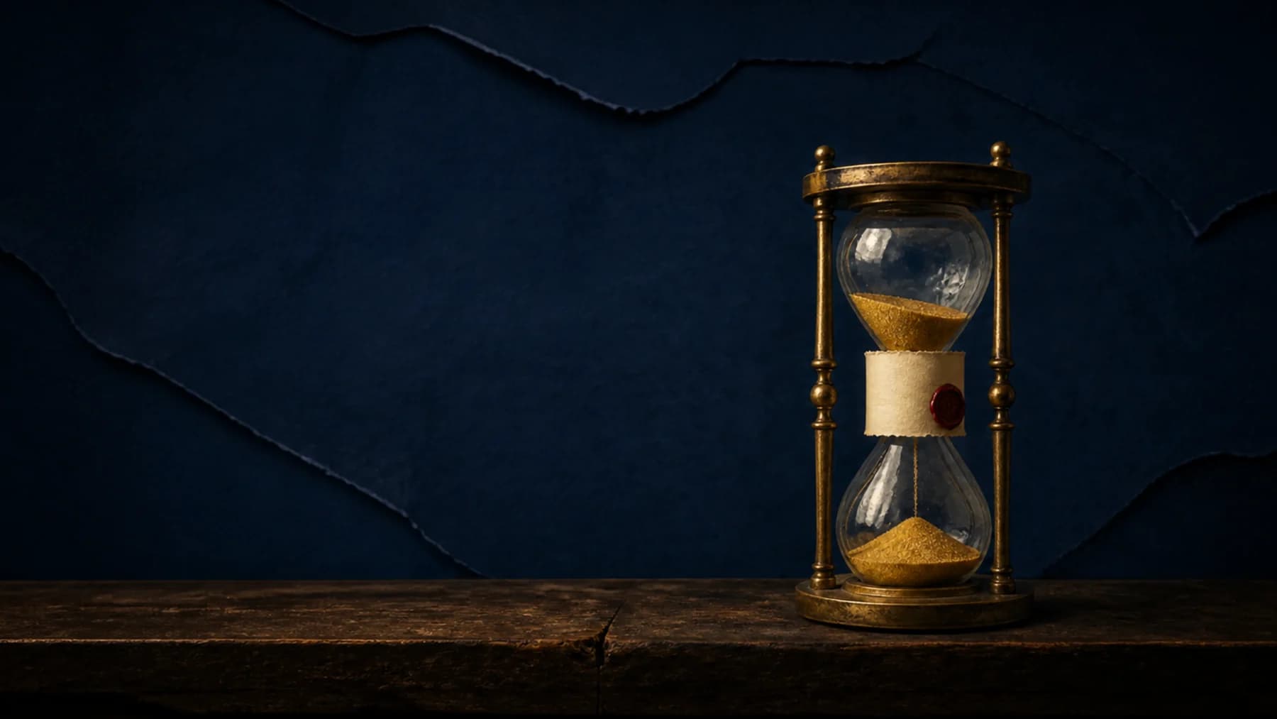 A small antique brass hourglass with gold sand and a sealed paper contract band against layered midnight-blue paper.