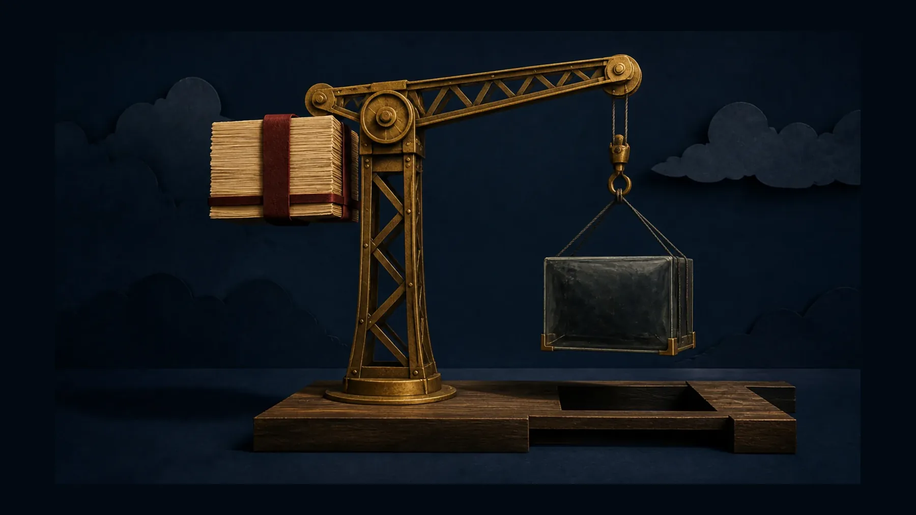An antique brass gantry crane uses a cream-paper counterweight bound in oxblood fabric to lift a smoky-glass block over an unfinished walnut platform.