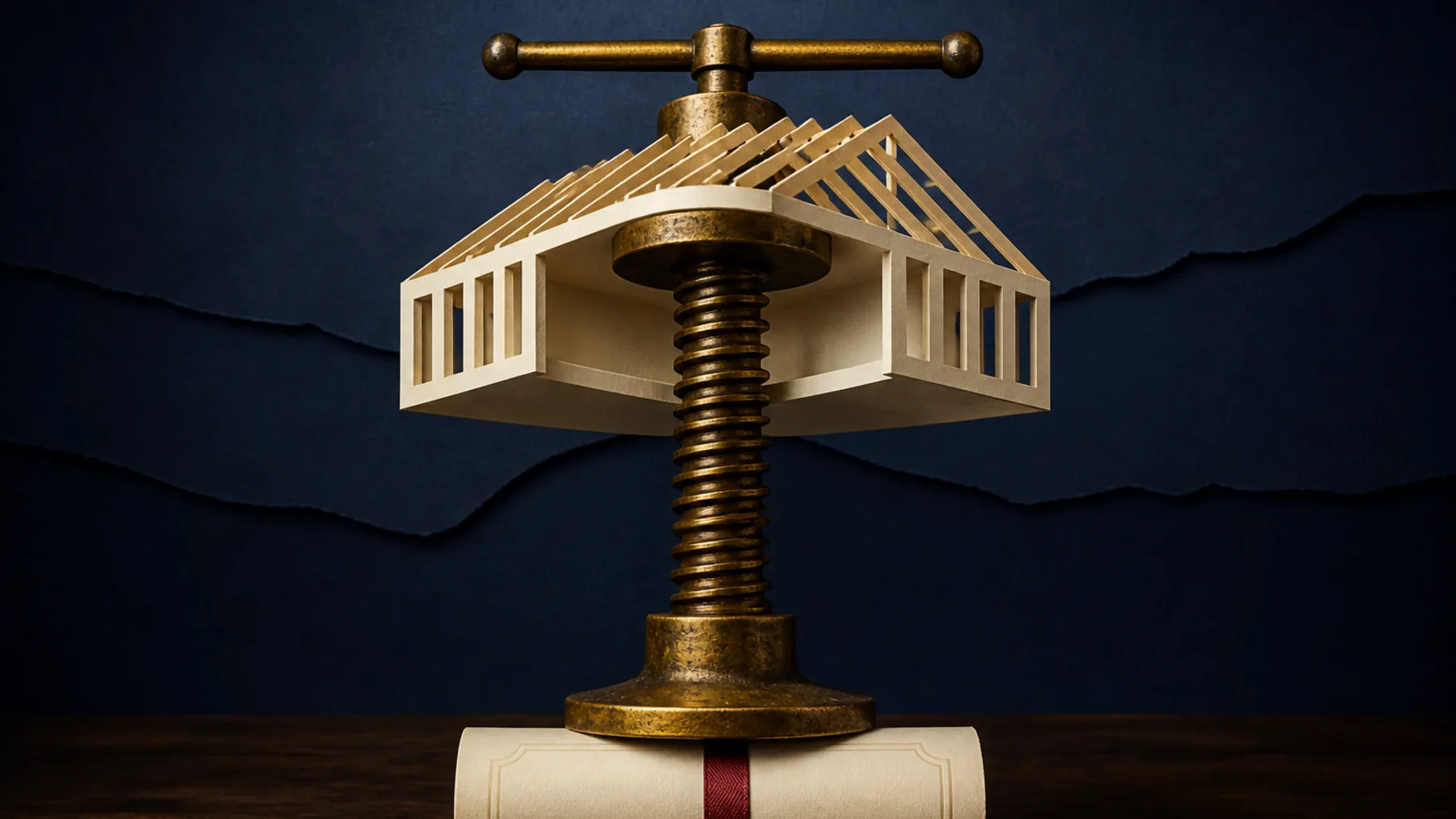 A monumental aged-brass screw jack lifts an unfinished cream paper data-centre roof from a rolled blank bond.