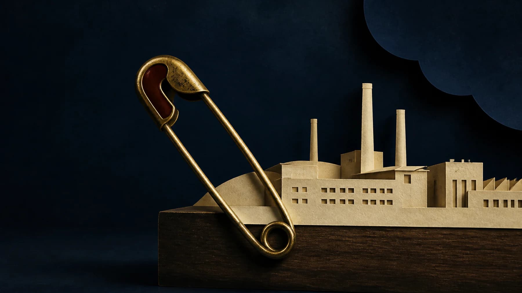 An oversized aged-brass safety pin fastens a blank cream paper industrial campus to a dark walnut foundation.