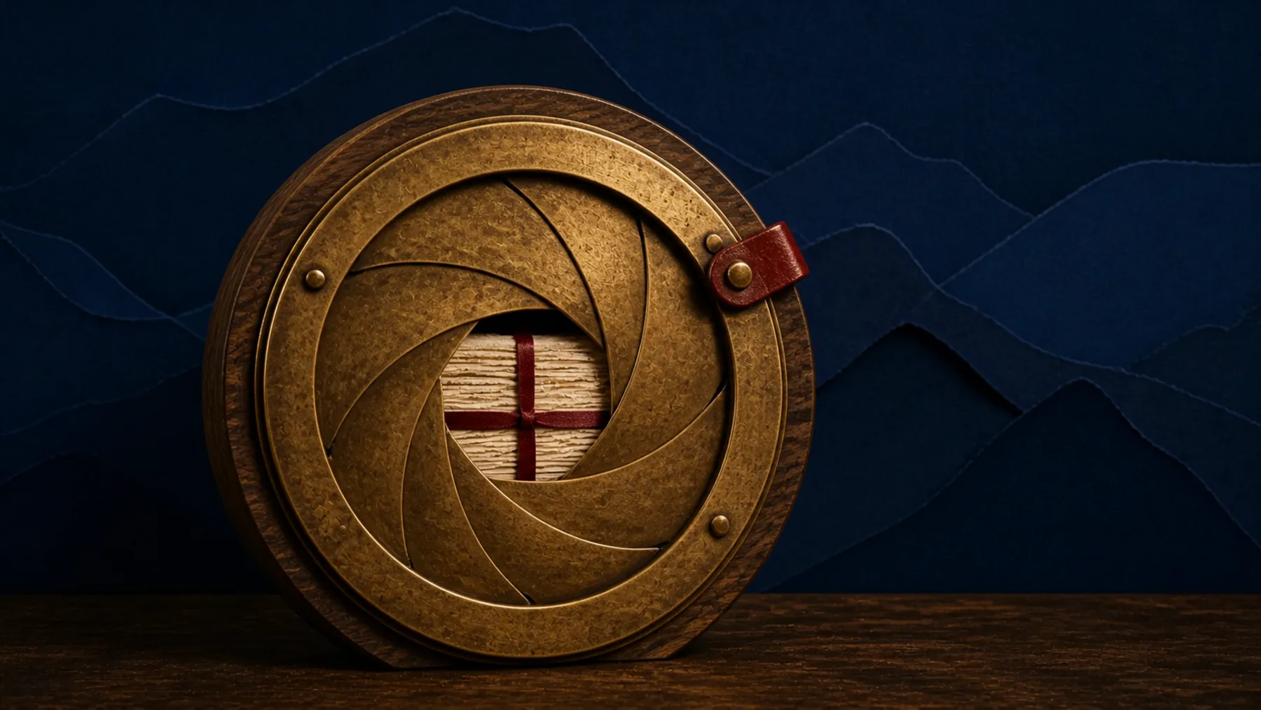An aged-brass iris diaphragm fixes a narrow permitted opening around a ribbon-bound cream-paper model bundle.