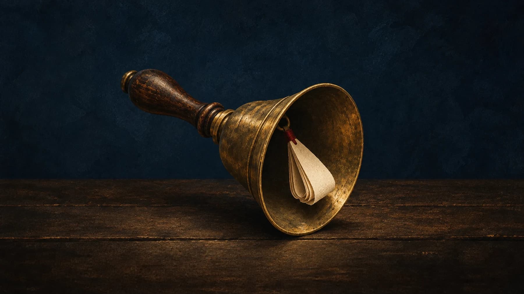 An aged-brass handbell rests on walnut, with a folded cream-paper clapper secured by a small oxblood binding.