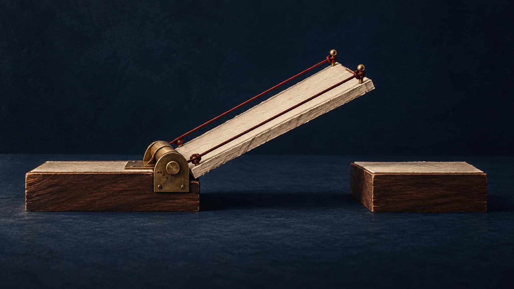 A cream-paper drawbridge rises on an aged-brass hinge between walnut landings, edged by restrained oxblood cords.