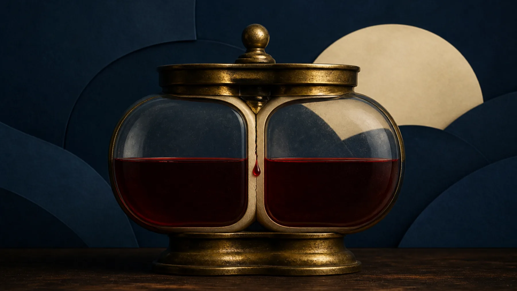 A brass-and-glass two-chamber vessel whose cracked divider lets one oxblood drop cross between isolated reservoirs.
