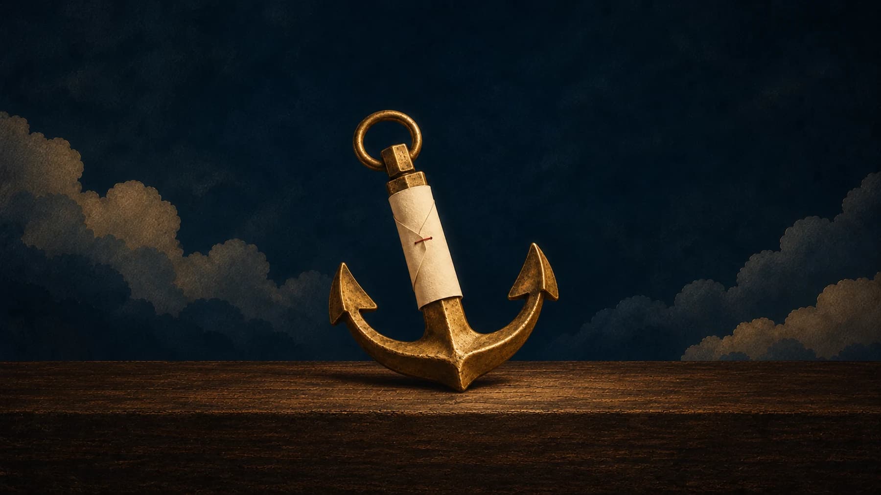 A heavy brass anchor wears a fitted cream-paper sleeve around its shank, with its ring and curved flukes exposed.