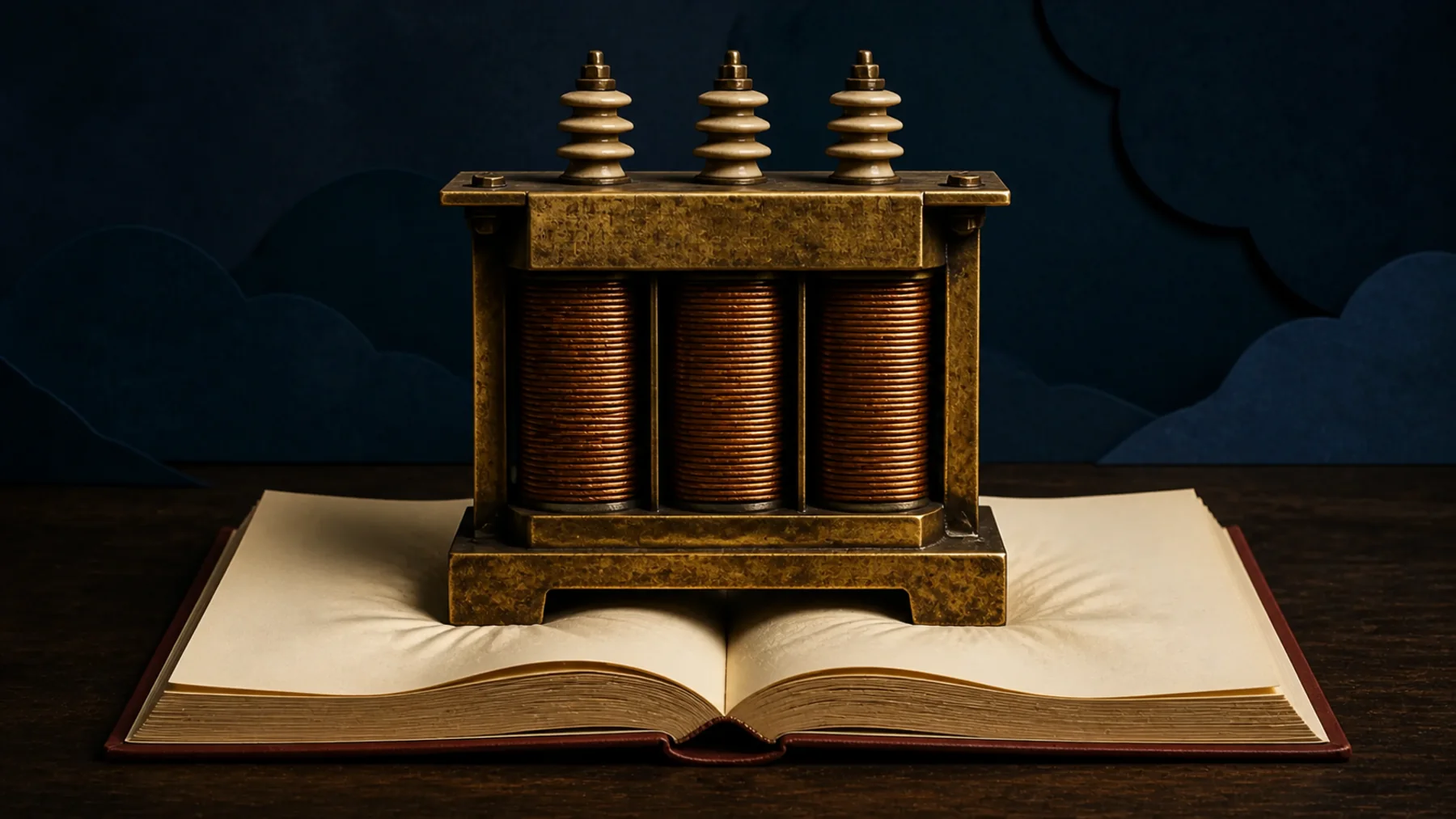 A monumental aged-brass power transformer presses its weight into the blank pages of a cream accounting ledger.