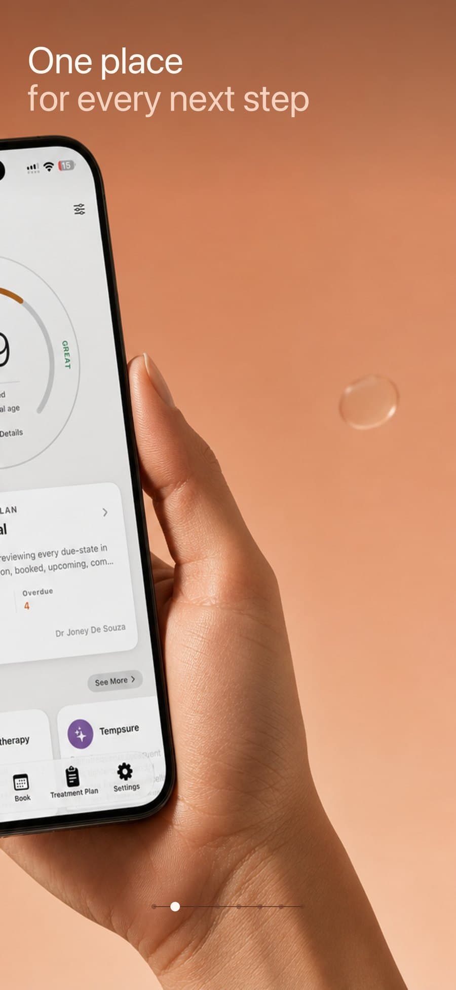 Skingevity app held in hand showing the home dashboard