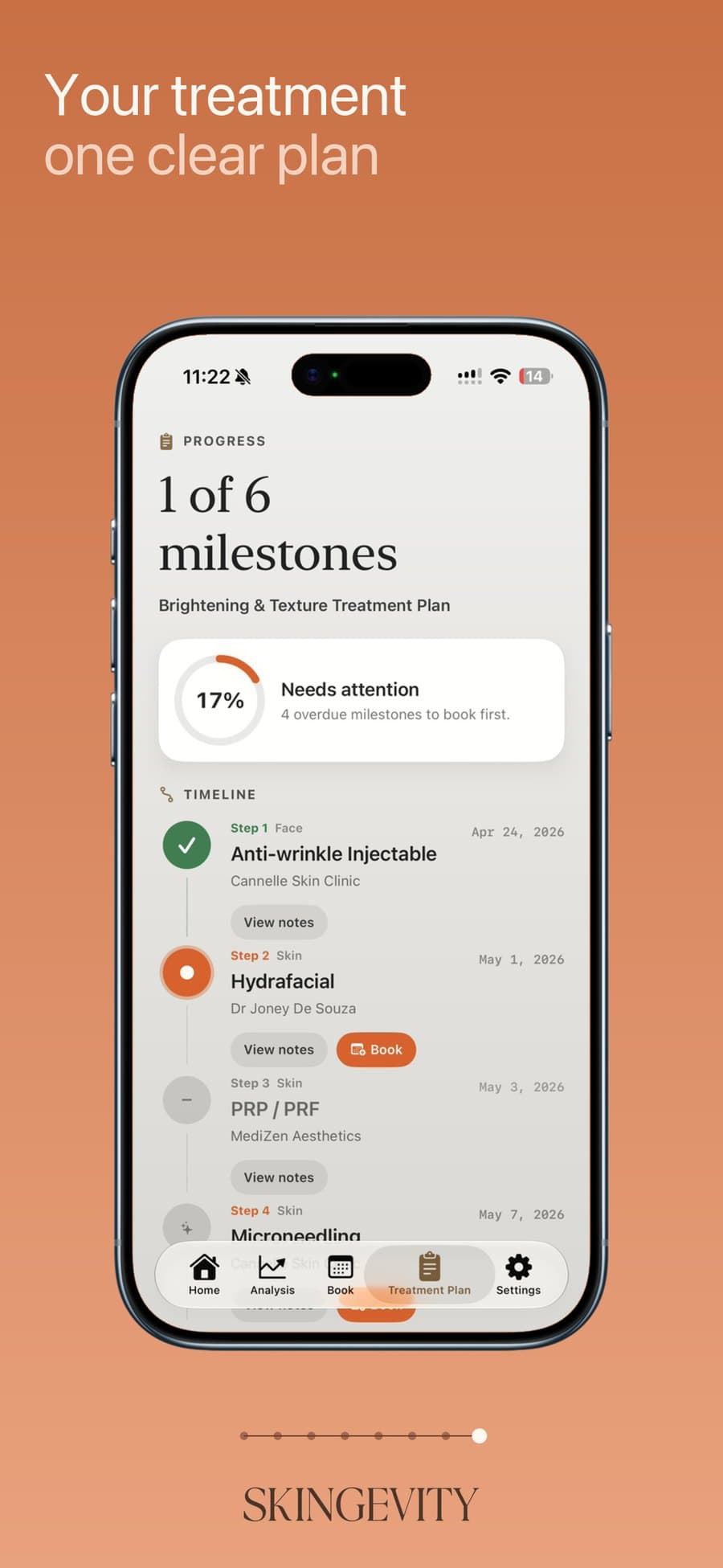 Treatment plan timeline with milestone progress and booking