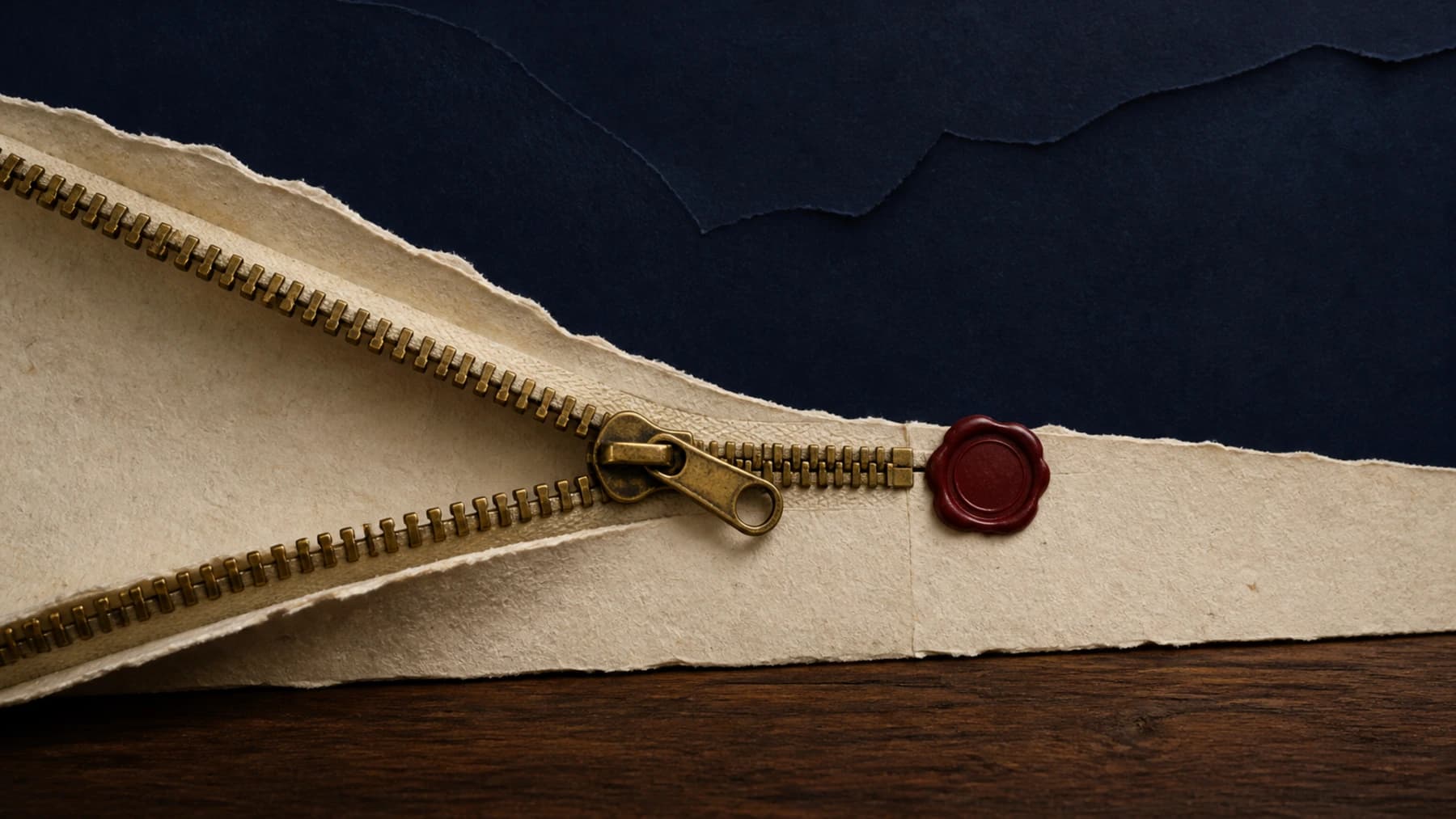An aged-brass zipper reopens a thick cream paper seam until an oxblood wax seal marks the point of no return.