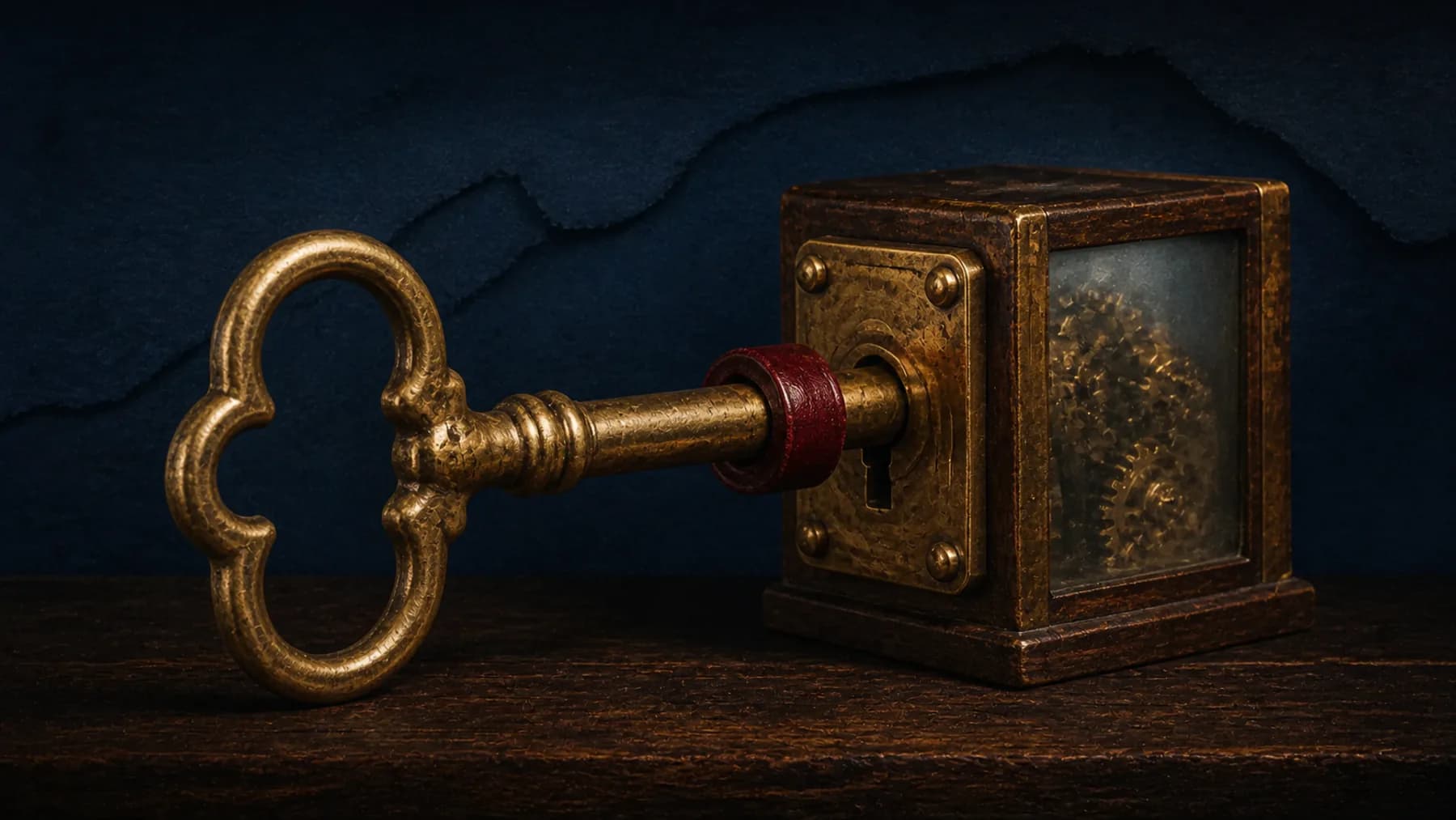 An oversized aged-brass key with an oxblood stop collar enters a shallow walnut lock before a deeper mechanism behind frosted glass.
