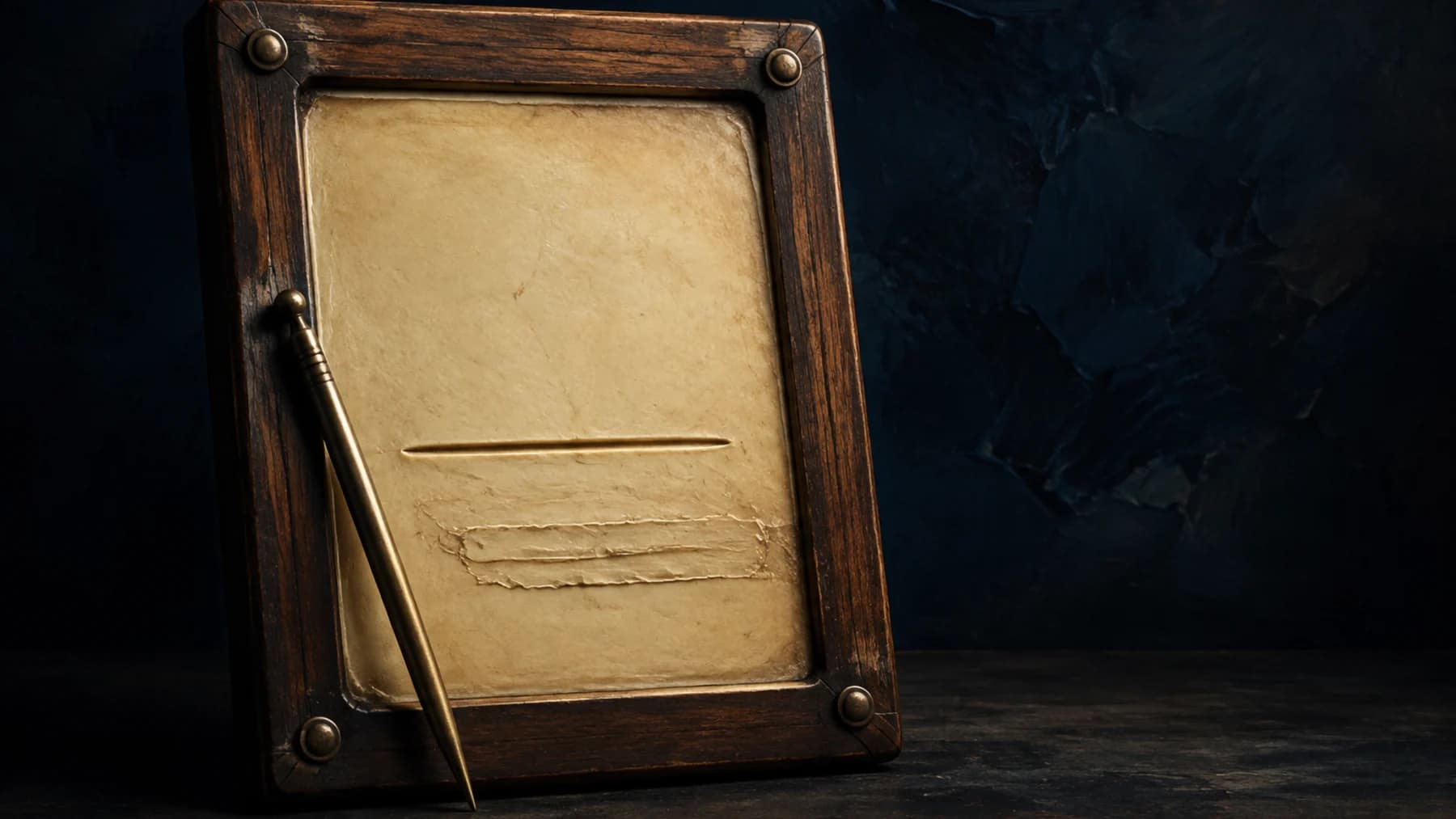 An antique walnut-framed wax tablet with a brass stylus, showing one fresh groove beside a deliberately smoothed correction.