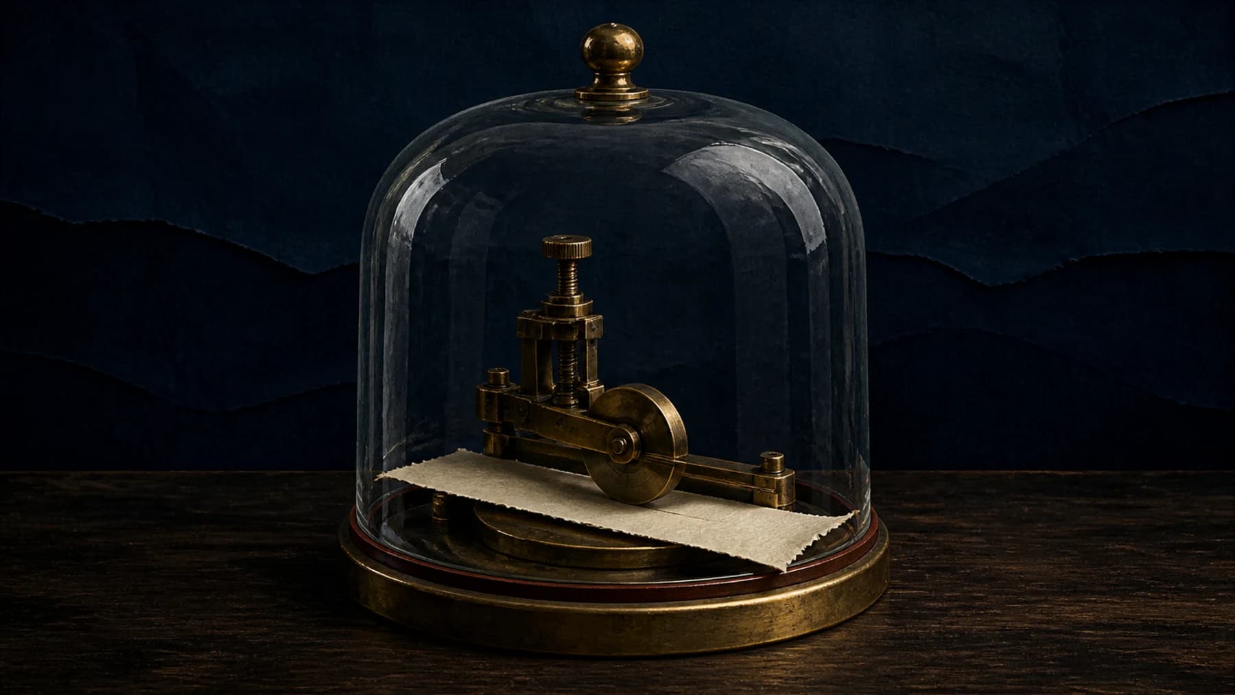 A brass paper-cutting mechanism works inside a sealed glass cloche with an oxblood gasket.