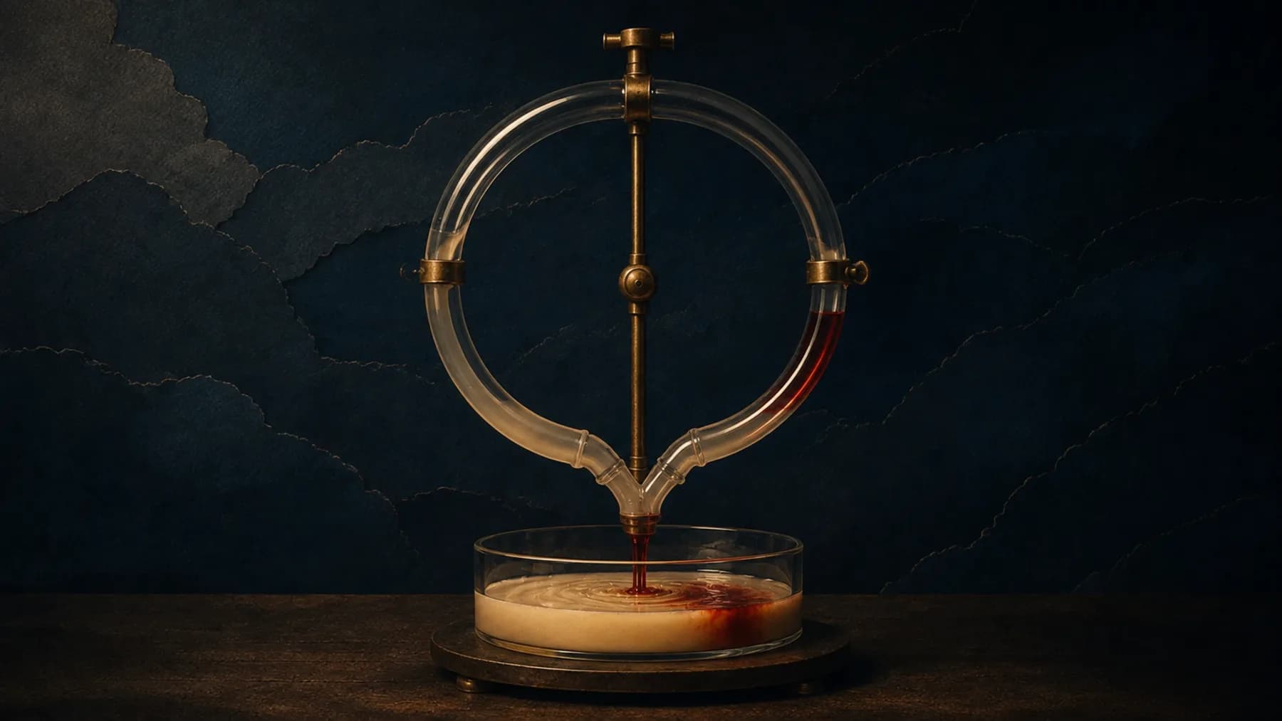 A closed glass siphon on an aged-brass stand returns a narrow oxblood stream into the same warm-cream liquid it draws from.