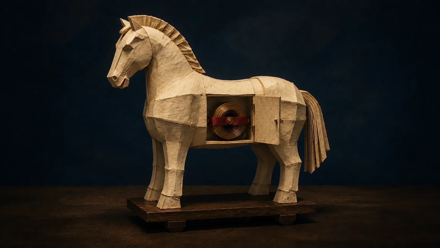 A cream-paper Trojan horse has an open side hatch revealing a brass mainspring held by an oxblood retaining strap.