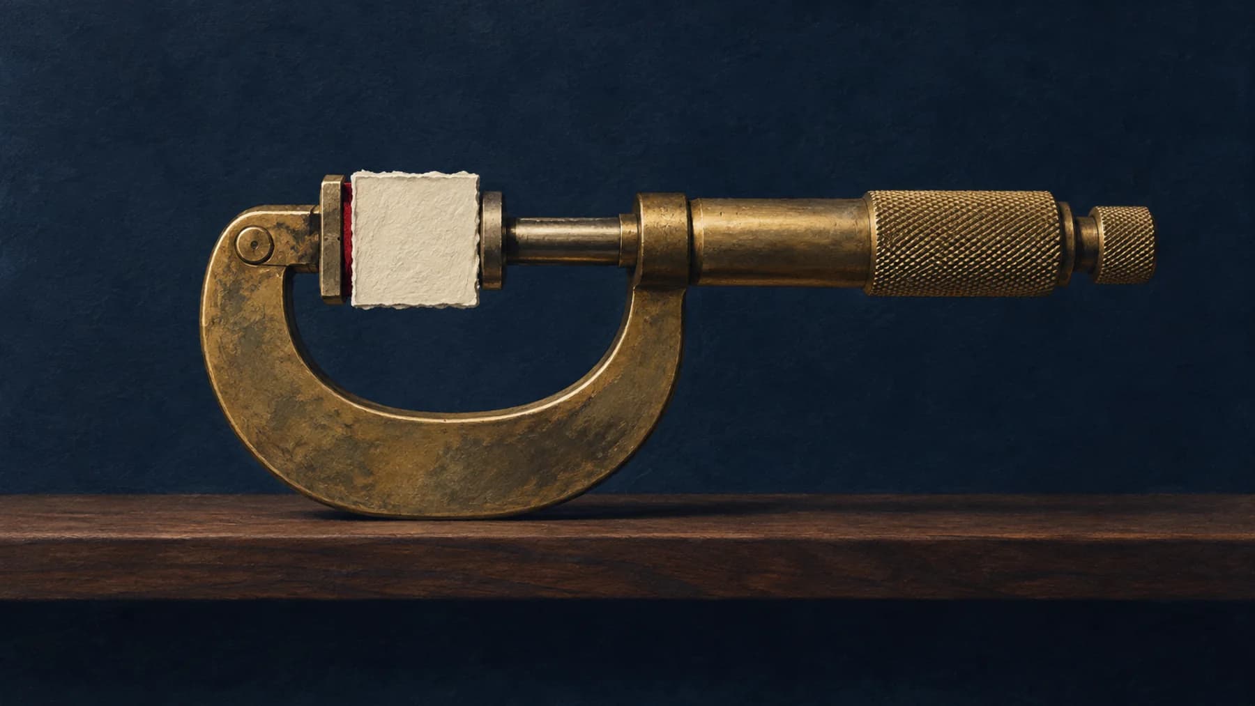 An aged-brass micrometer measures a block of cream handmade paper, with a thin oxblood shim visible at the contact, against midnight blue.
