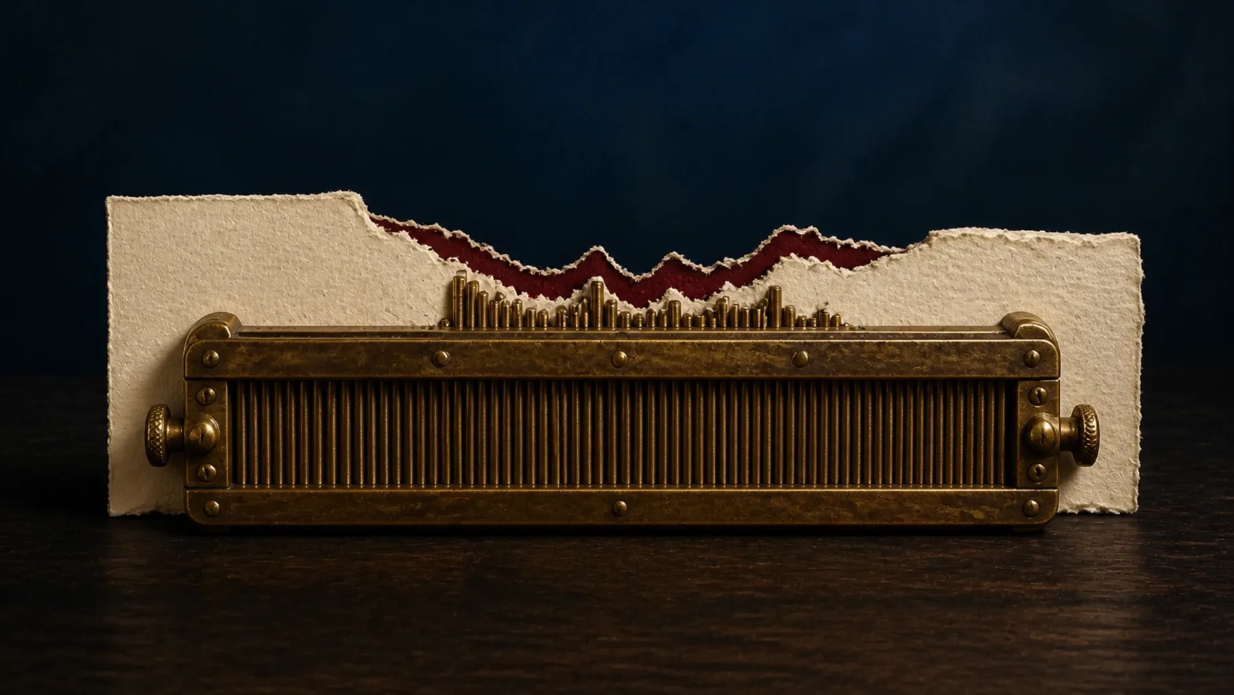An antique brass contour gauge preserving a jagged breach profile cut through a cream paper barrier.