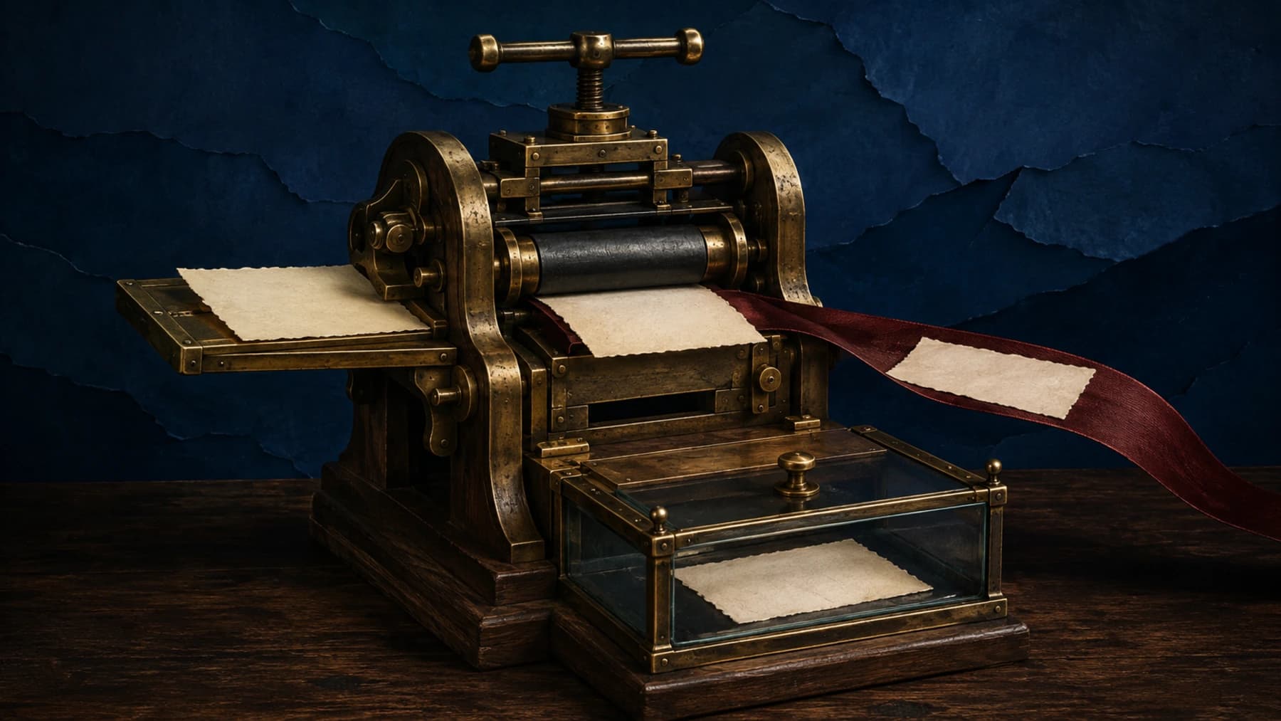 An aged-brass duplicating press sends one cream-paper token onward on an oxblood ribbon while its copy rests inside a sealed glass inspection tray.