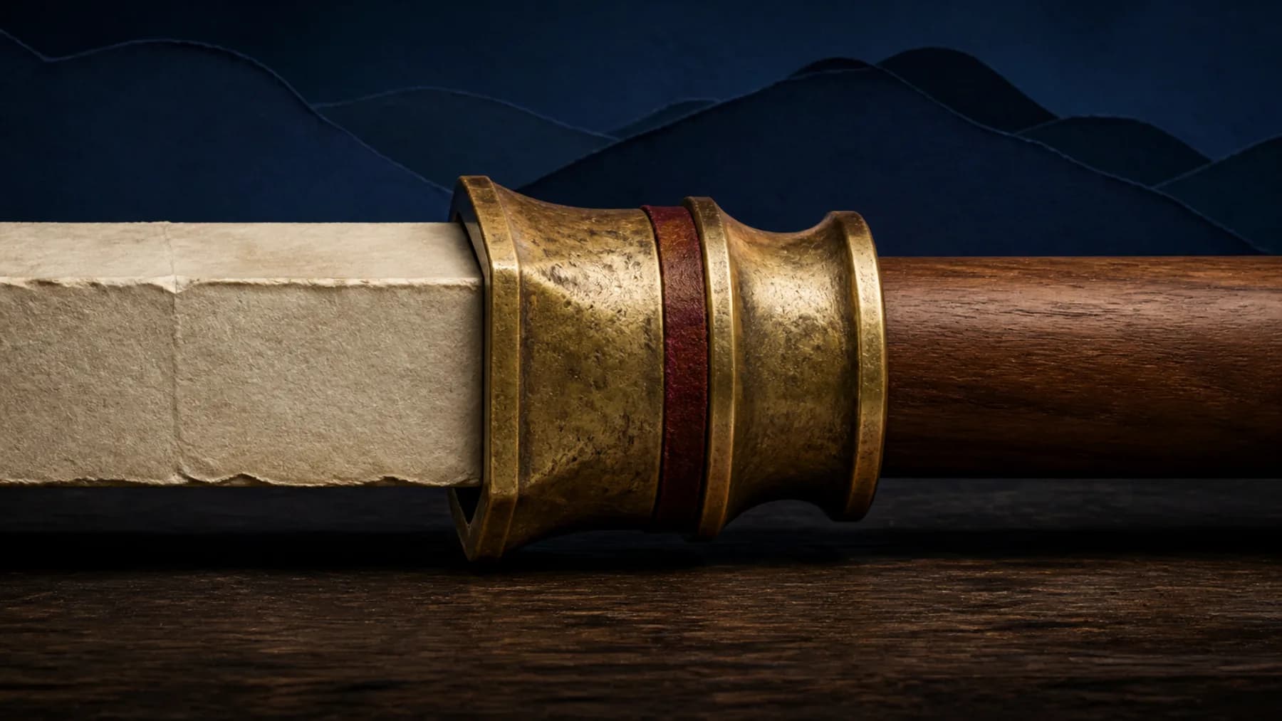 An aged-brass adapter collar joins a square cream-paper shaft to a round walnut shaft, representing compatible AI tool versions.
