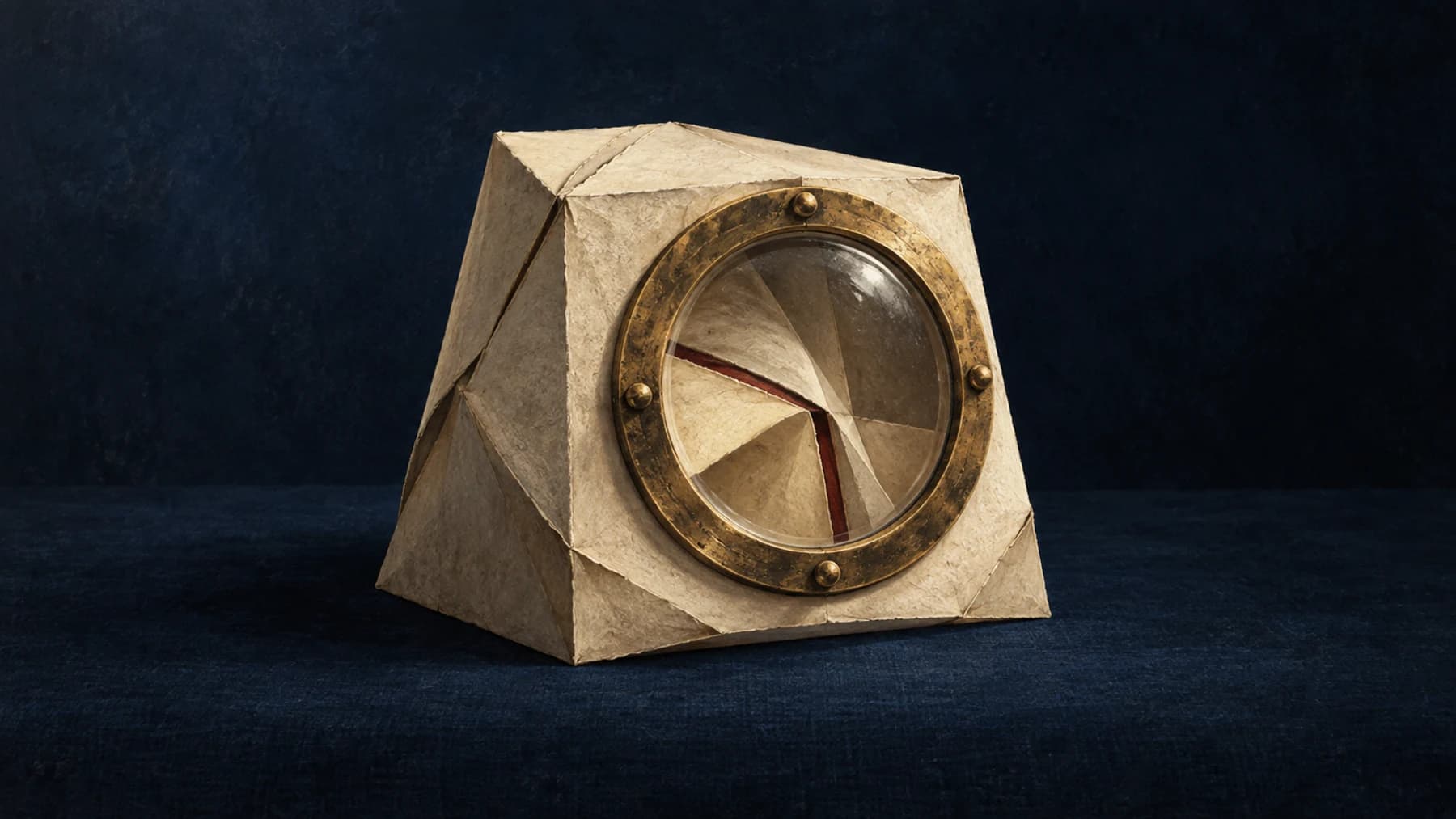 A brass-rimmed glass inspection port built into a cream-paper chamber reveals its layered interior against midnight-blue linen.