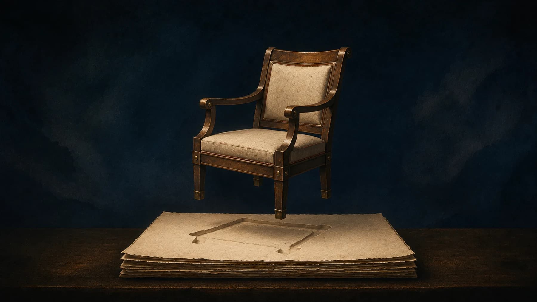 An empty walnut chair with a cream fabric seat hovers above its fitted mounting in layered cream paper against midnight blue.