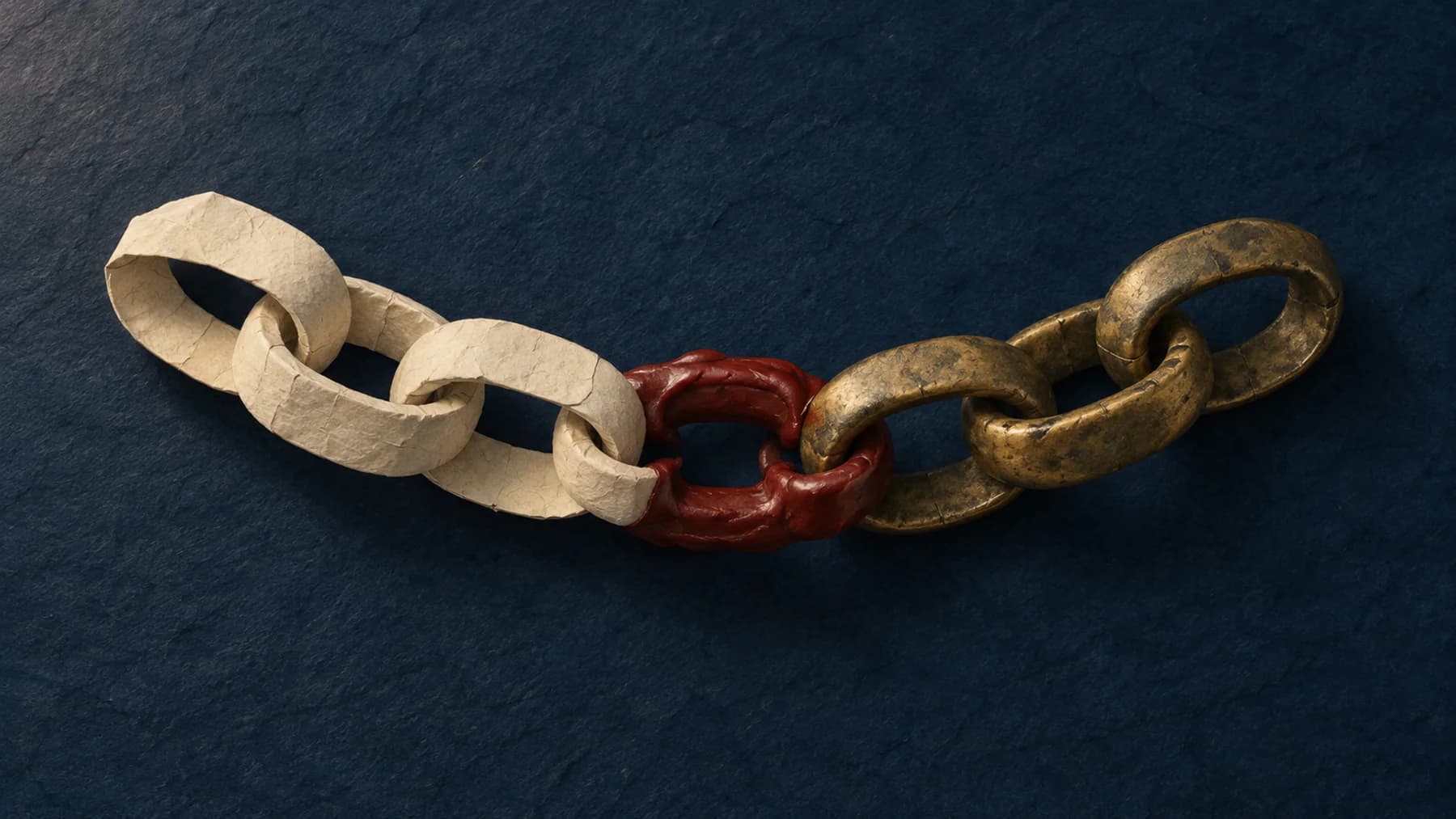 A short chain of cream-paper and aged-brass links joined by one conspicuous oxblood-wax connector on a midnight-blue surface.