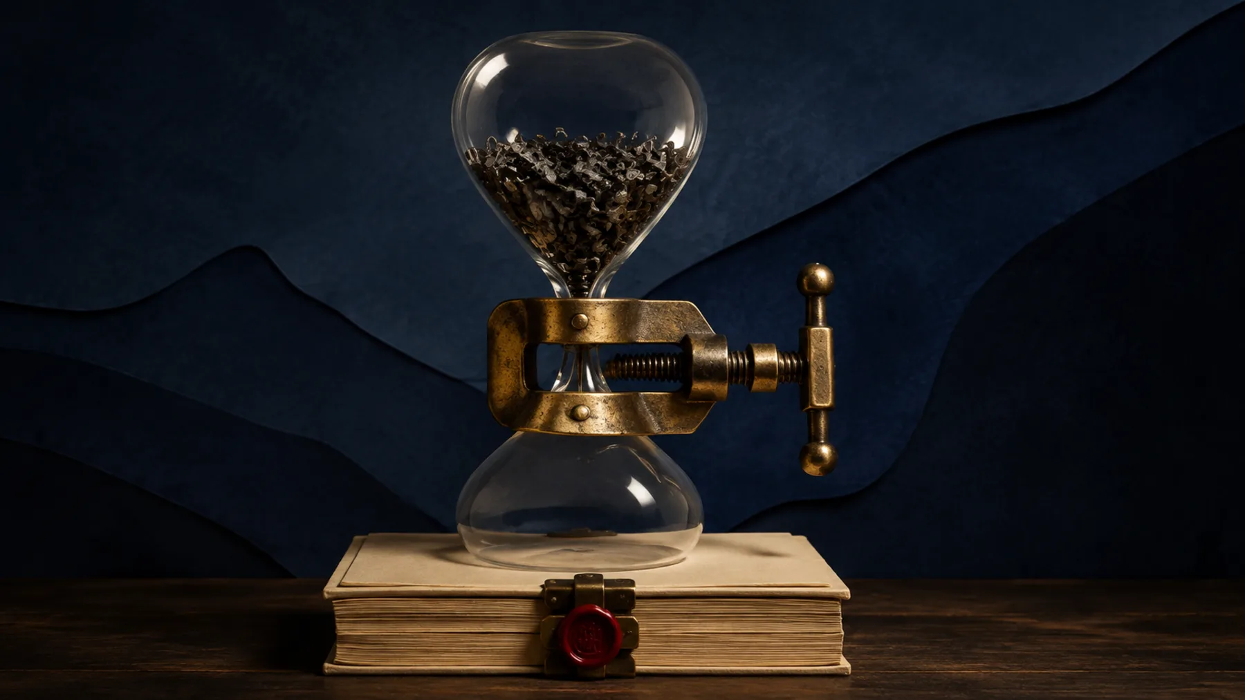 A glass hourglass filled with dark lock-pick fragments is clamped shut above a sealed cream ledger.