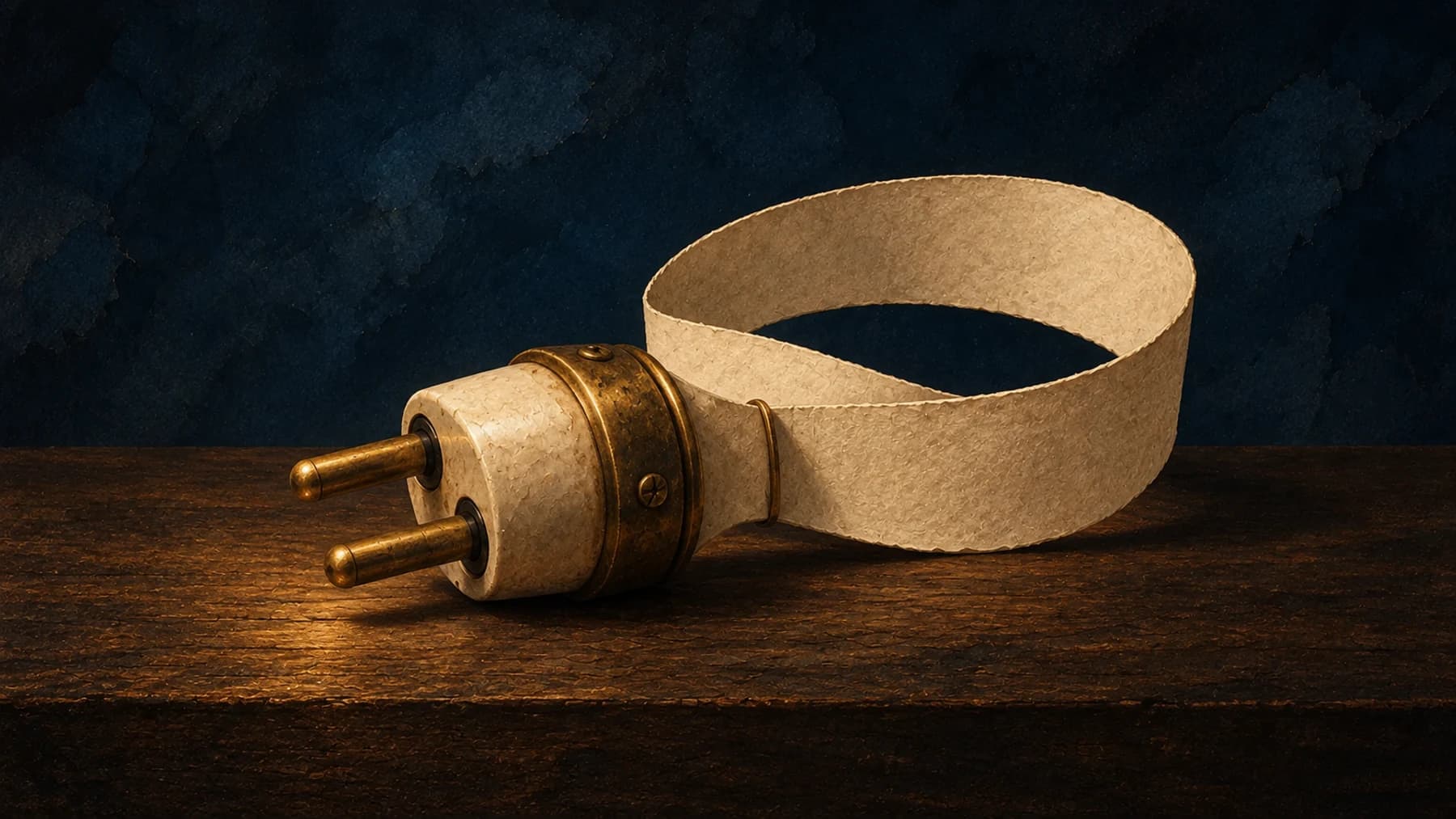 An aged-brass electrical plug connects to a blank cream-paper ribbon that loops like a long-term contract on dark walnut.