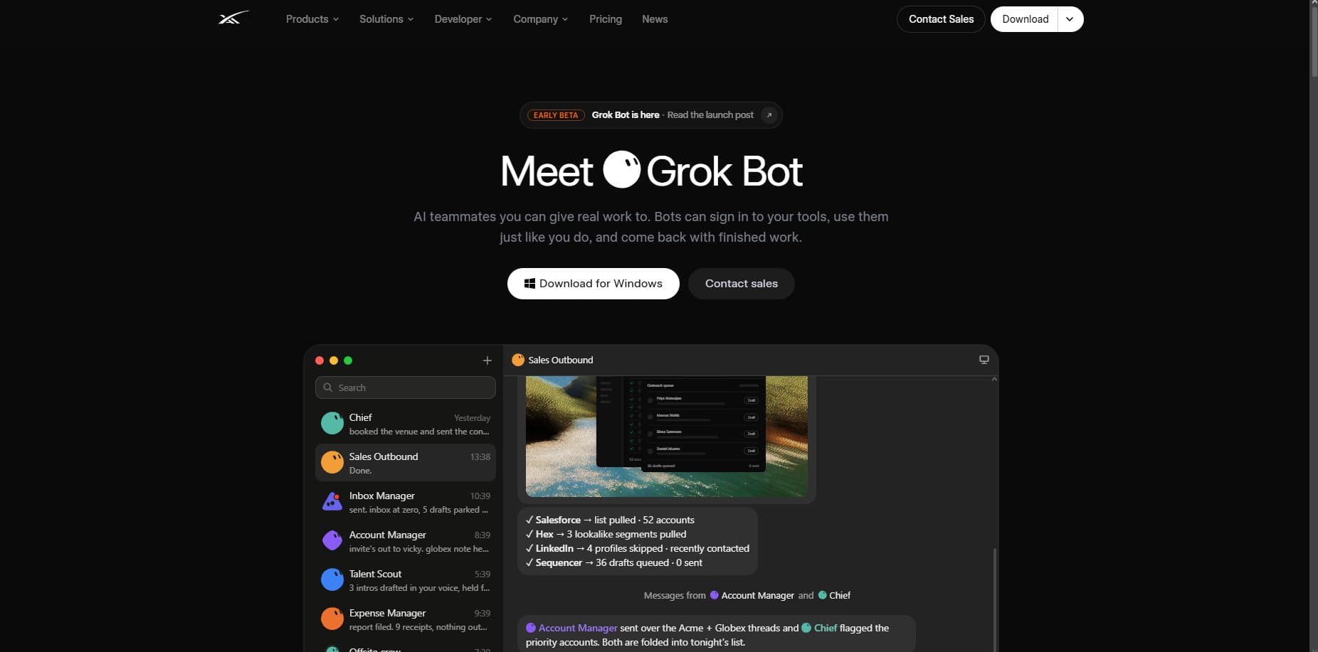The Grok Bot product page presents persistent AI teammates that work inside signed-in tools. Source: NO1ennn on X; product UI belongs to xAI.