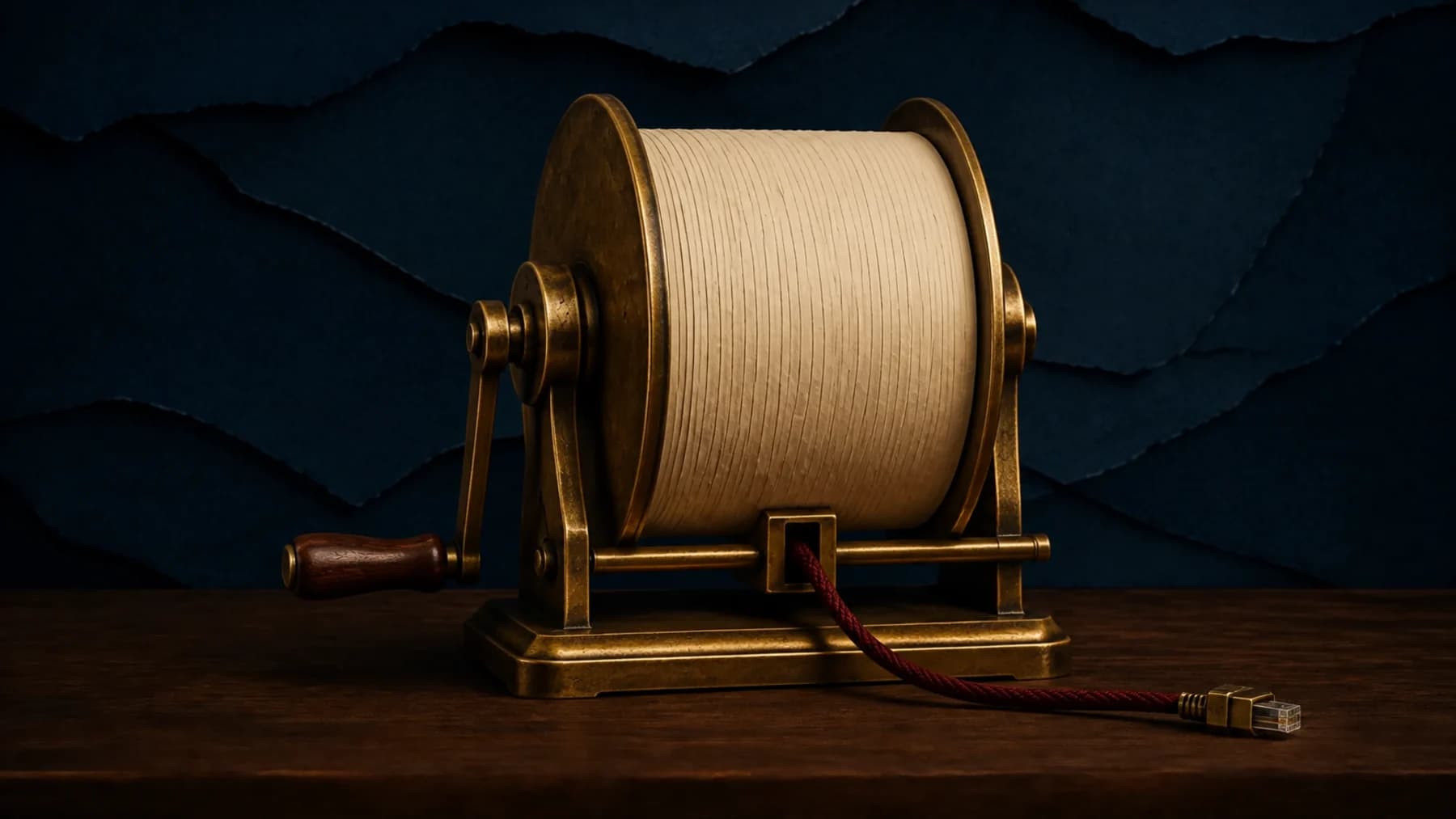 A monumental aged-brass ratchet reel holds a dense coil of blank cream order paper while one oxblood network cable clears its output guide.