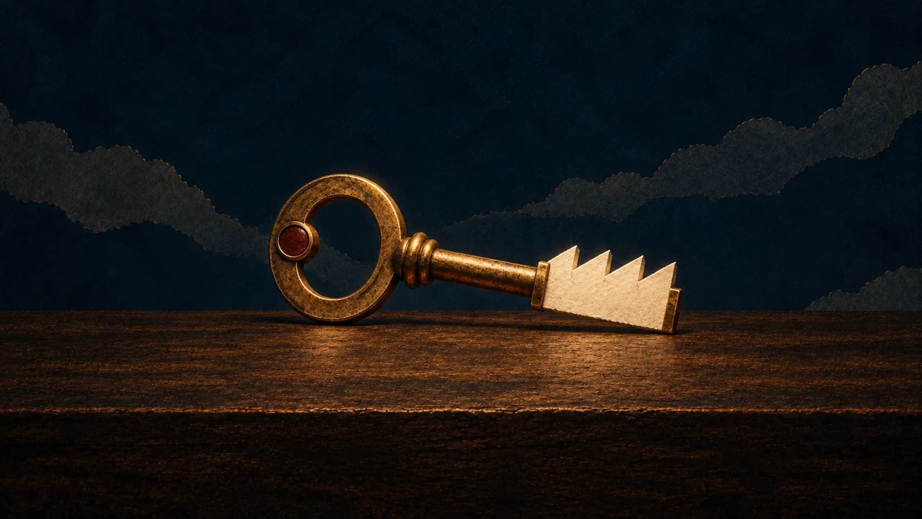 One aged-brass key with a cream-paper factory roof forming its teeth rests on walnut against midnight blue.