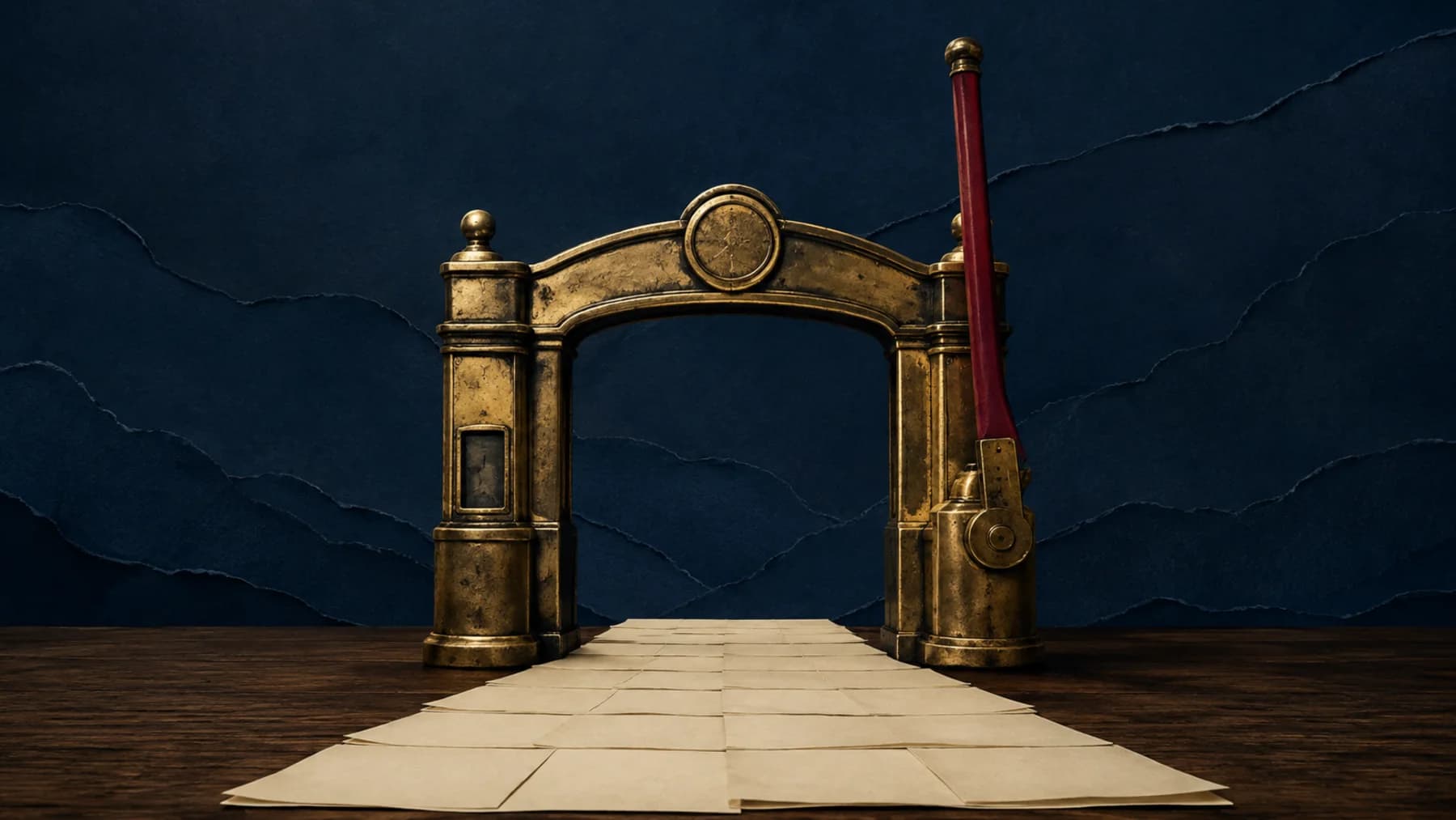 A monumental aged-brass tollgate stands fully open above a path of blank warm-cream index cards on a dark walnut surface.