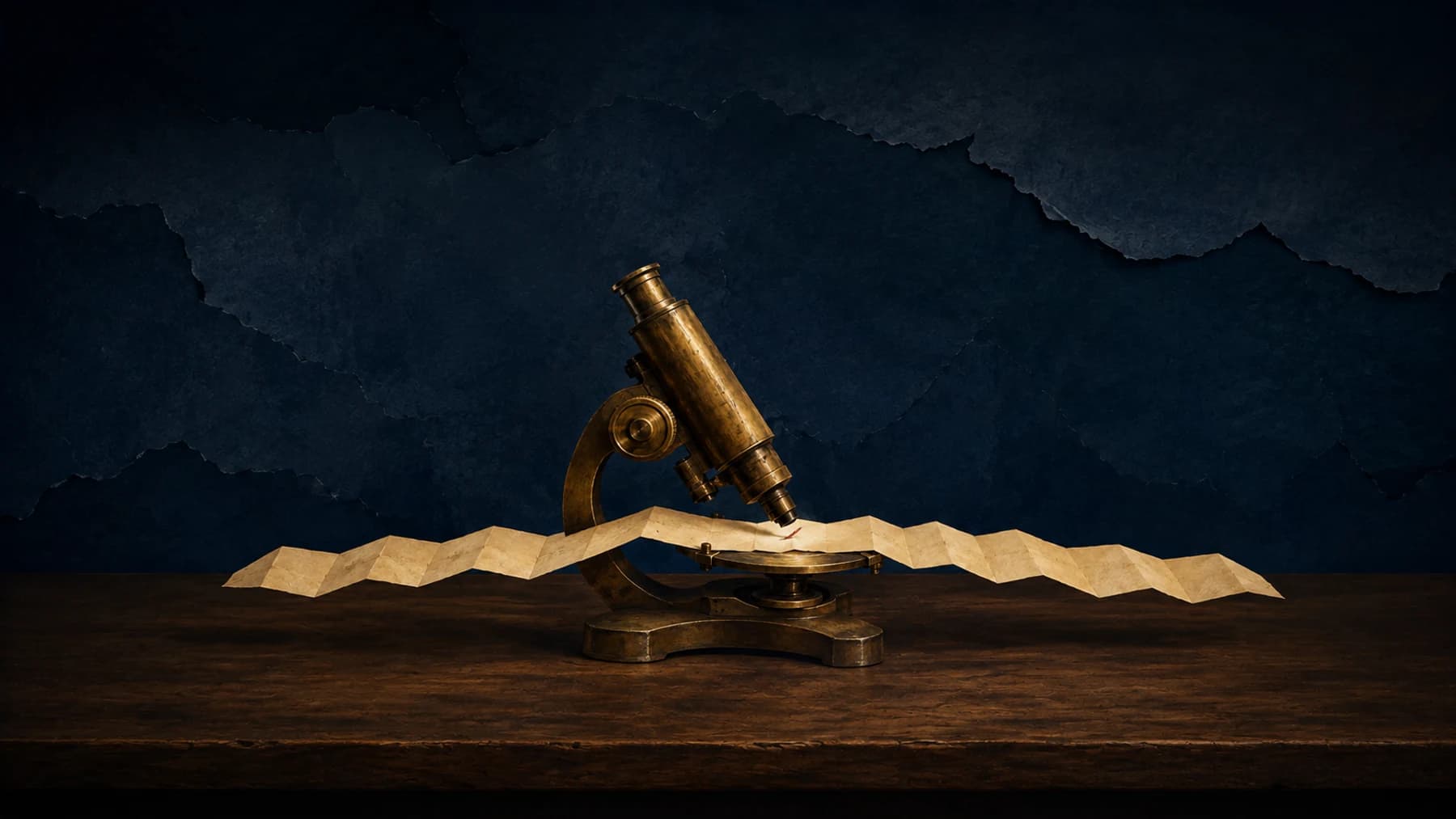 An aged-brass microscope examines a tiny oxblood fibre on an oversized folded cream-paper specimen extending beyond its lens.