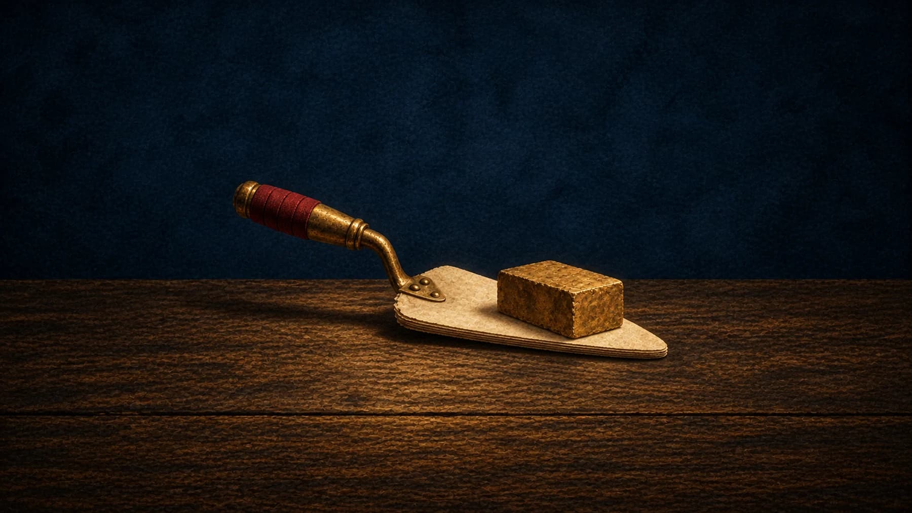 A brass brick rests on a bricklayer’s trowel with a layered cream-paper blade and an oxblood-wrapped handle.