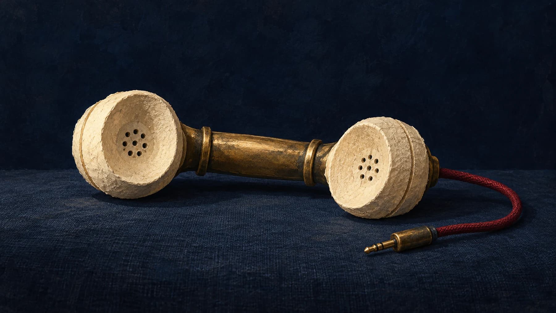 An unplugged cream-paper and aged-brass telephone handset with an oxblood fabric cord rests on midnight-blue linen.